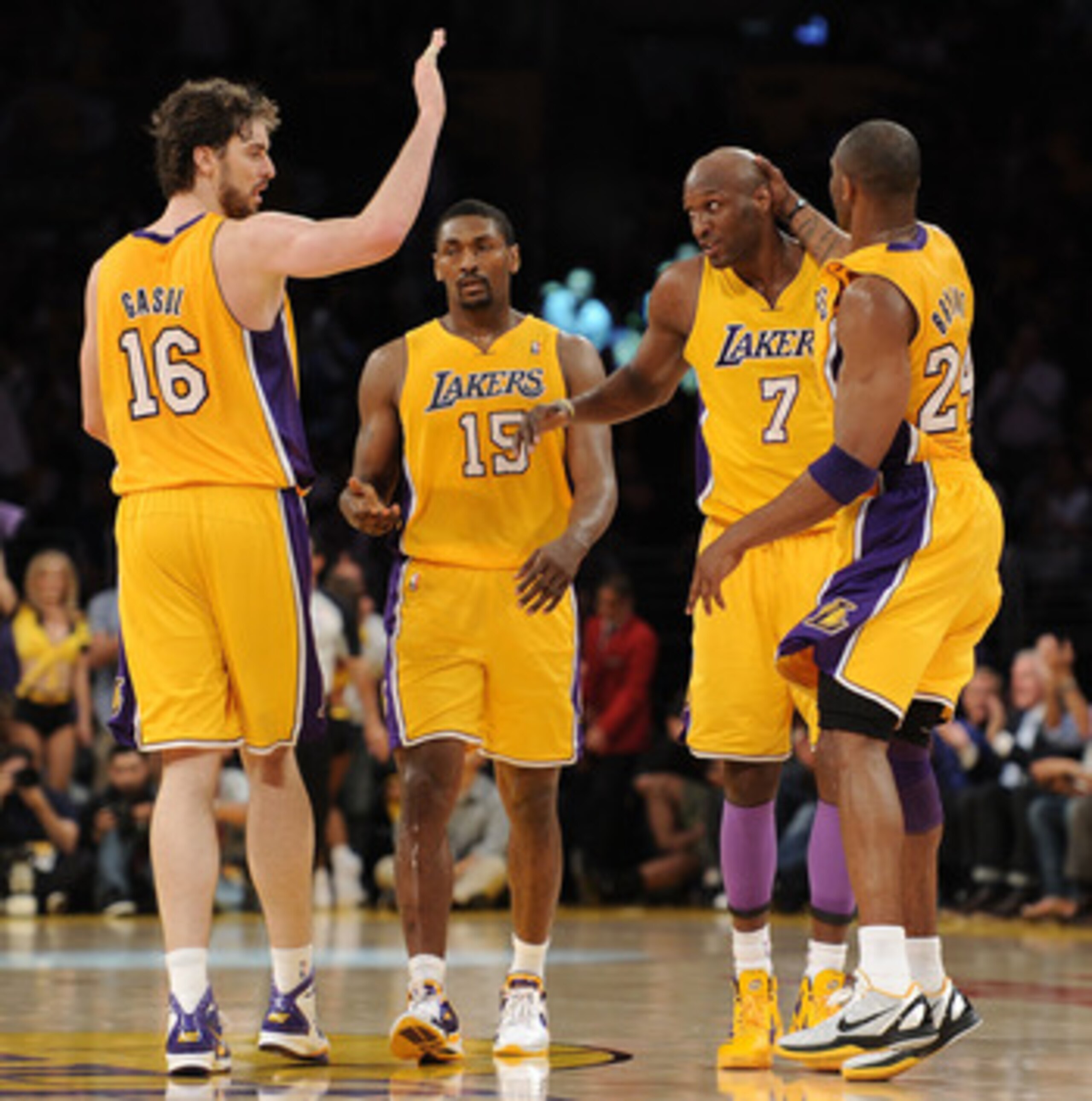 LOS ANGELES, CA - APRIL 20:  (L-R) Pau Gasol #16, Ron Artest #15, Lamar Odom #7 and Kobe Bryant #24 of the Los Angeles Lakers celebrate while taking on the New Orleans Hornets in Game Two of the Western Conference Quarterfinals in the 2011 NBA Playoffs on