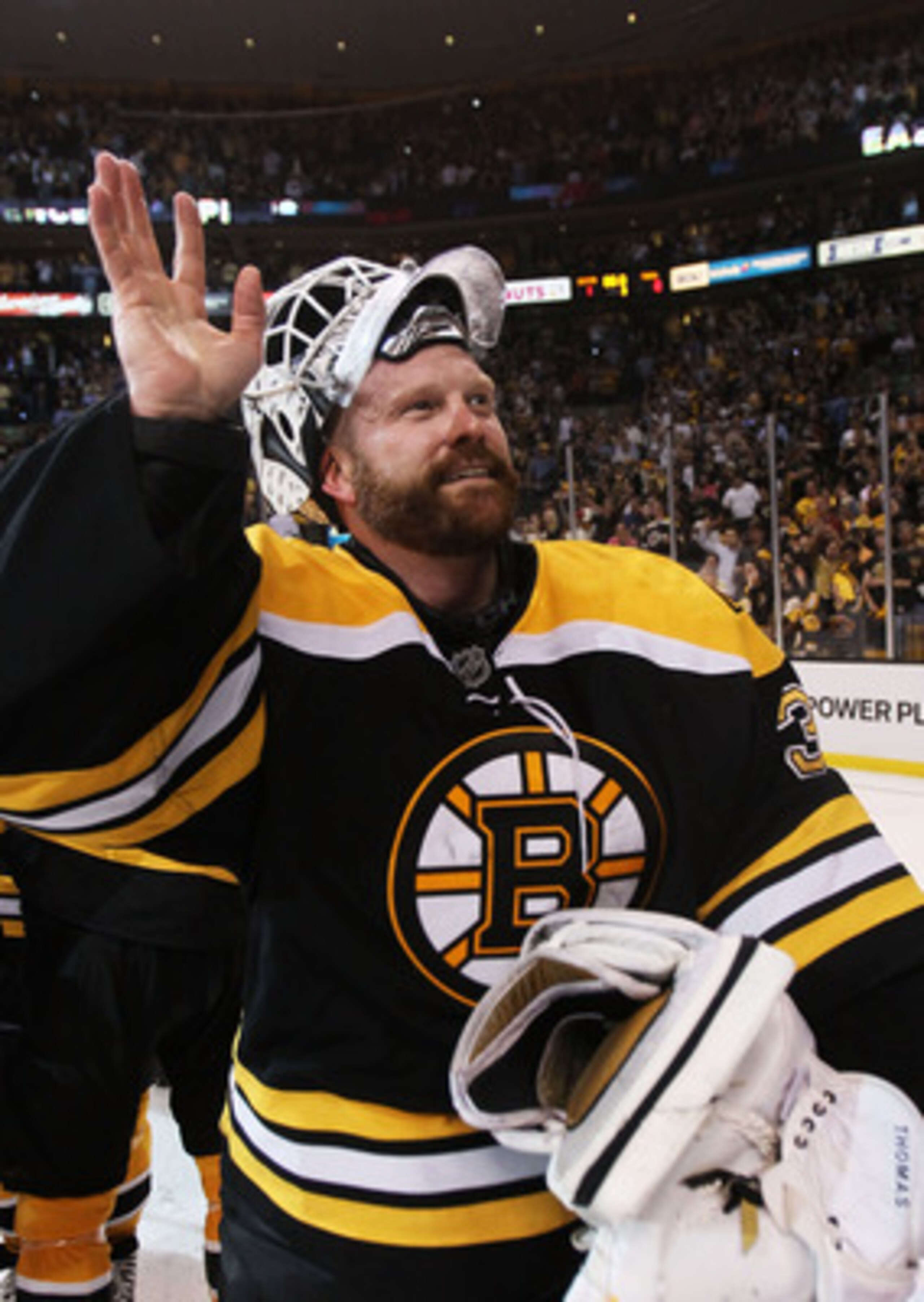 BOSTON, MA - MAY 27:  Tim Thomas #30 of the Boston Bruins celebrates after they defeated the Tampa Bay Lightning 1 to 0 in Game Seven of the Eastern Conference Finals during the 2011 NHL Stanley Cup Playoffs at TD Garden on May 27, 2011 in Boston, Massach