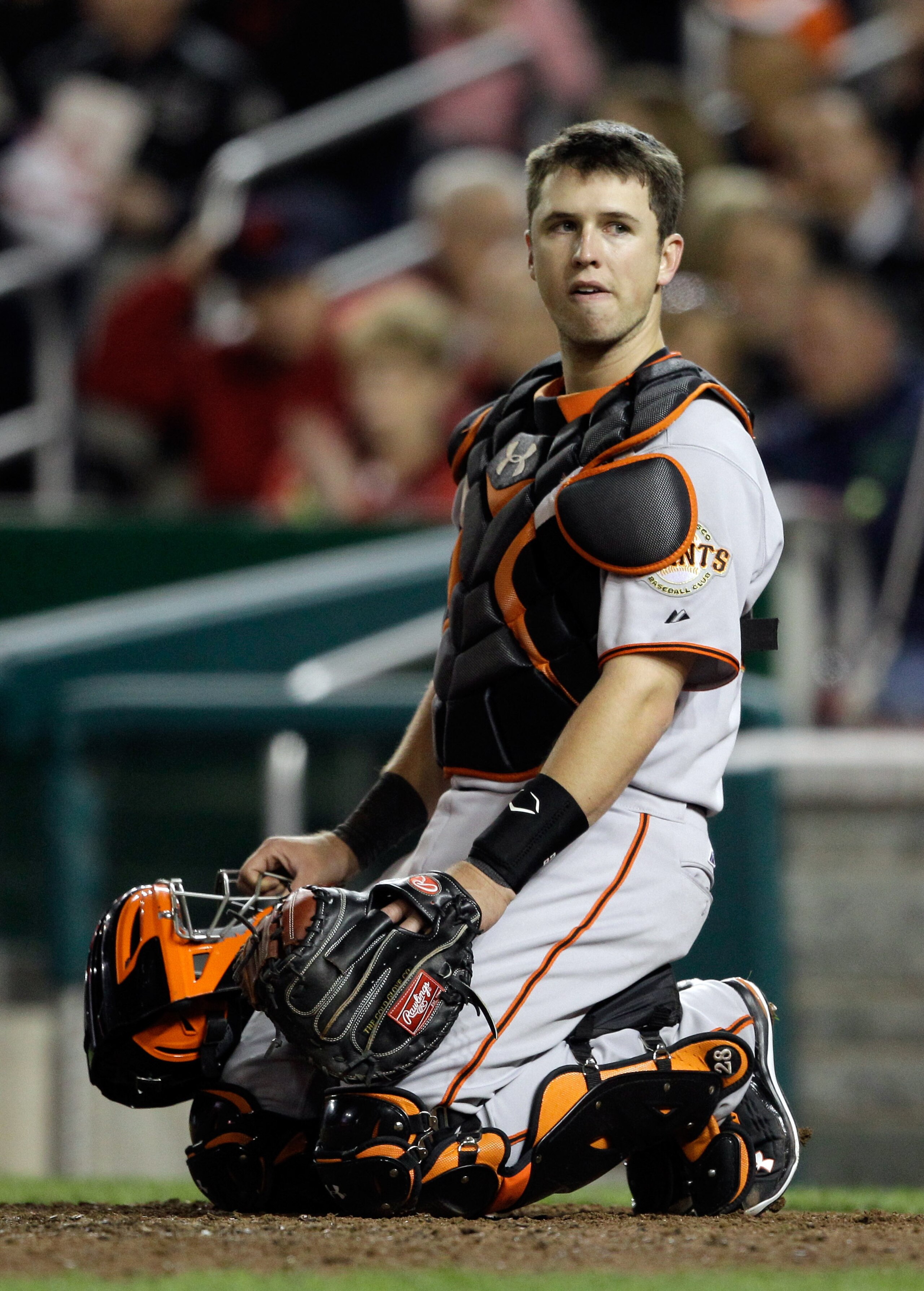 WASHINGTON, DC - APRIL 29:  Catcher Buster Posey #28 of the San Francisco Giants in action against the Washington Nationals at Nationals Park on April 29, 2011 in Washington, DC.  (Photo by Rob Carr/Getty Images)