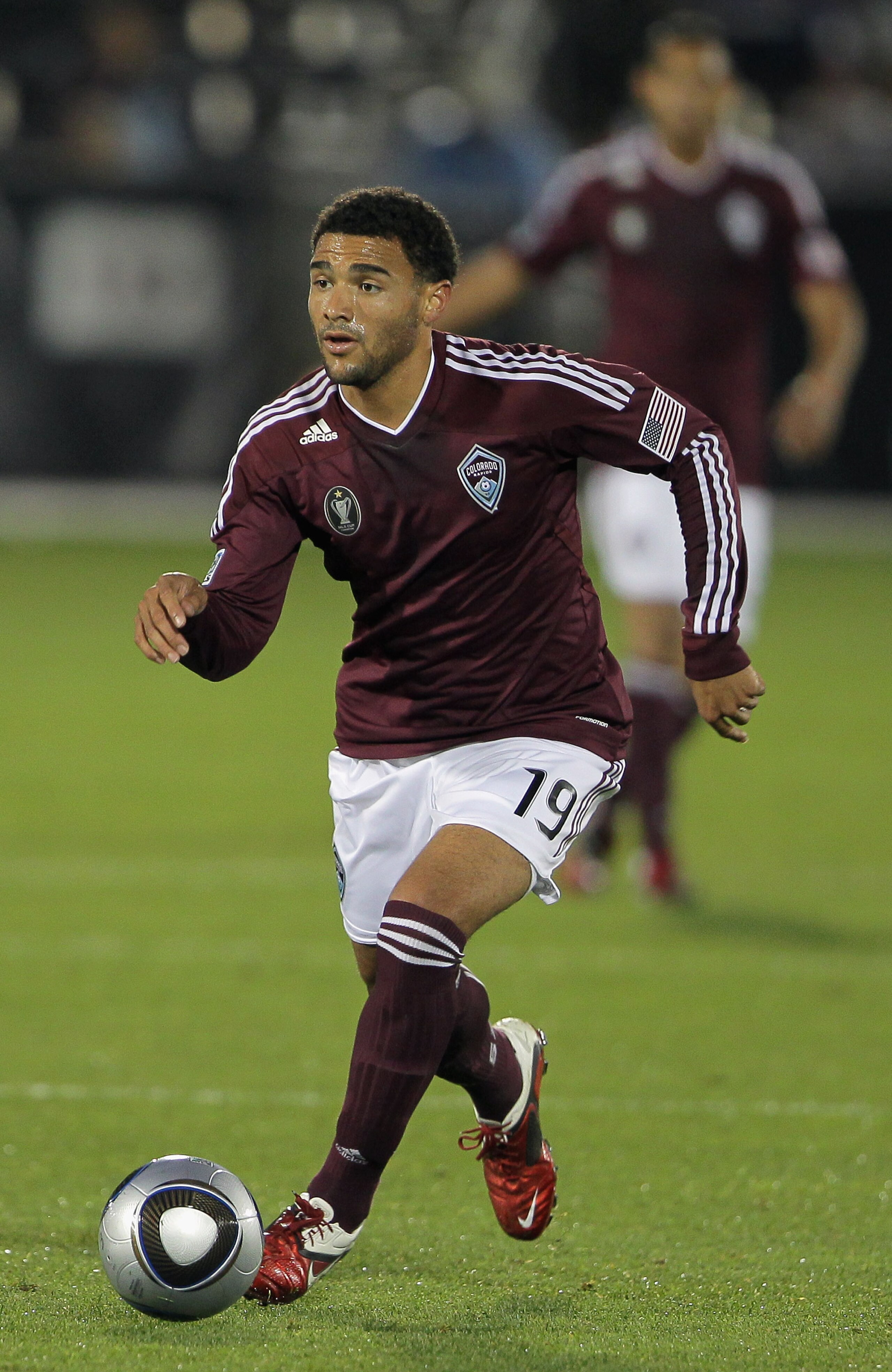COMMERCE CITY, CO - MAY 28:  Andre Akpan #19 of the Colorado Rapids controls the ball against Sporting KC at Dick's Sporting Goods Park on May 28, 2011 in Commerce City, Colorado. Sporting KC and the Colorado Rapids played to a 1-1 tie.  (Photo by Doug Pe