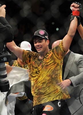 LOS ANGELES, CA - OCTOBER 24:  UFC Light Heavyweight Champion Lyoto Machida celebrates his victory over UFC Light Heavyweight challenger Mauricio Rua (not pictured) in their title fight at UFC 104 at Staples Center on October 24, 2009 in Los Angeles, Cali