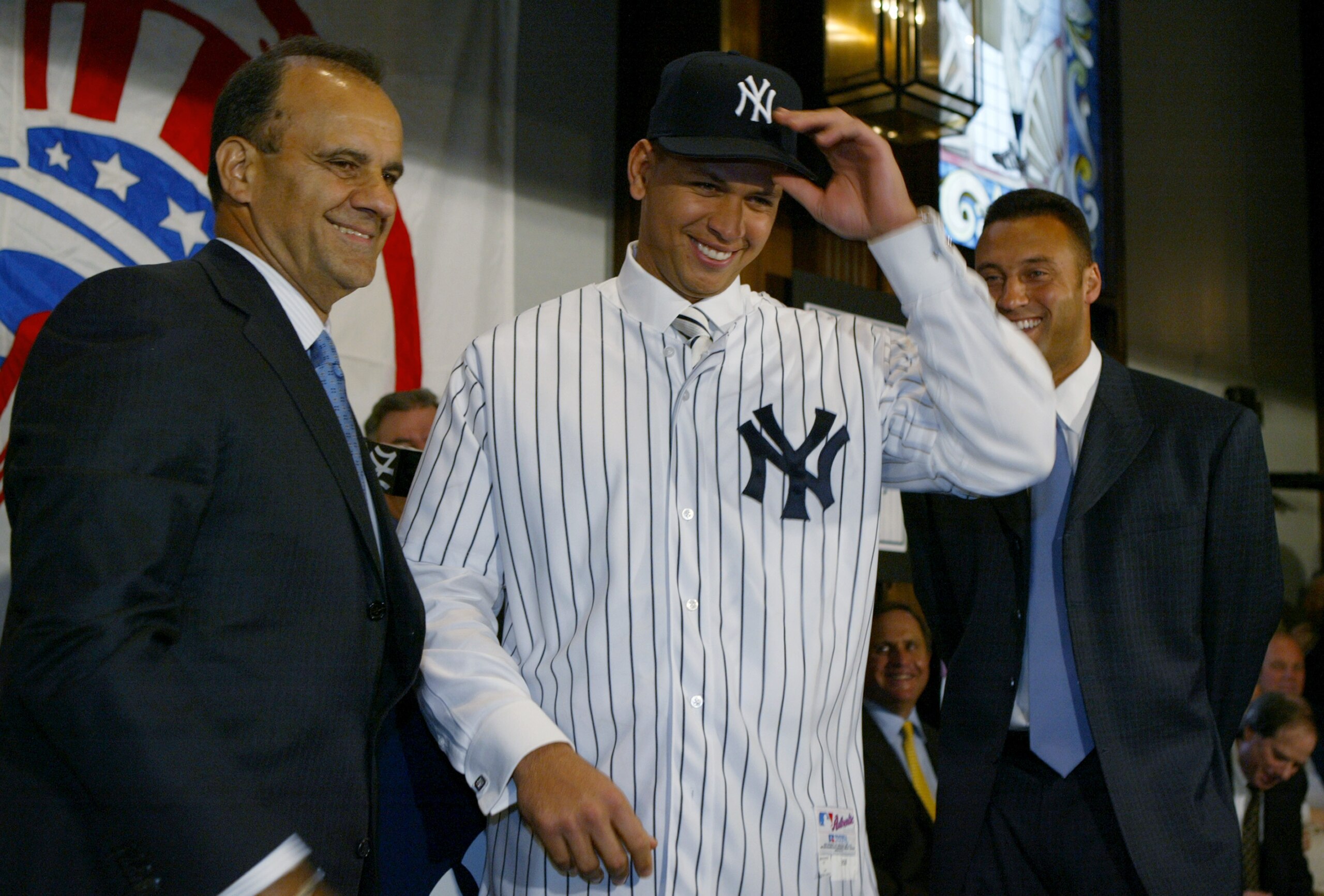 NEW YORK - FEBRUARY 17:  Alex Rodriguez is introduced as a New York Yankee by manager Joe Torre at a press conference on February 17, 2004 at Yankee Stadium in the Bronx, New York.  (Photo by Ezra Shaw/Getty Images)