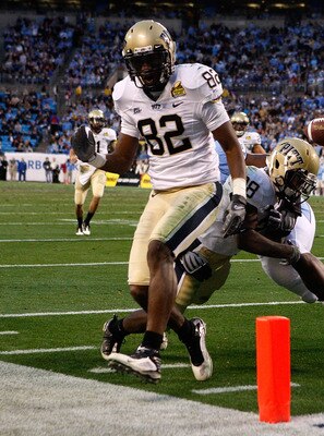 CHARLOTTE, NC - DECEMBER 26:  Jonathan Baldwin #82 of the Pittsburgh Panthers watches as teammate Dion Lewis #28 fumbles the ball at the goal line against the North Carolina Tar Heels during their game on December 26, 2009 in Charlotte, North Carolina.  (