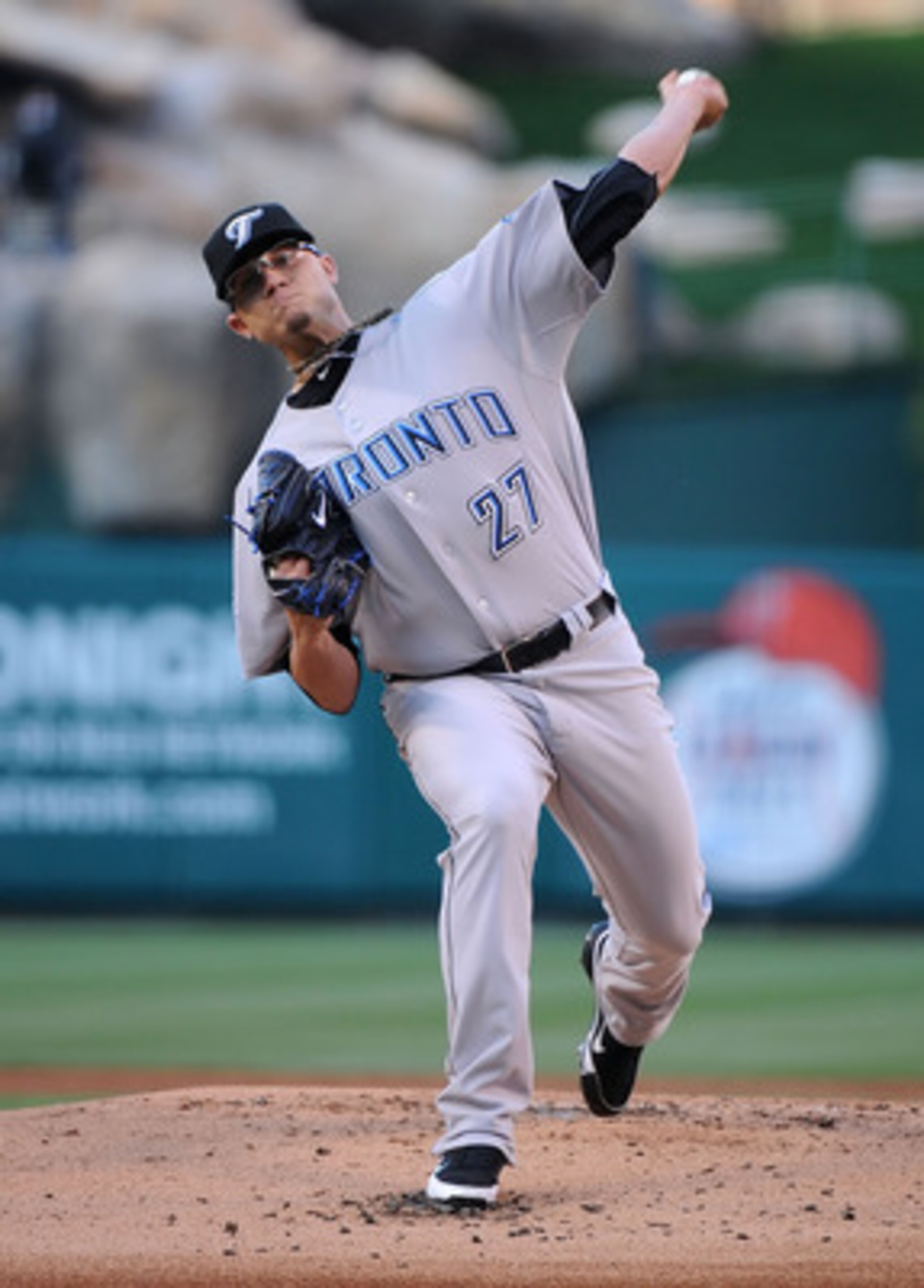 ANAHEIM, CA - APRIL 09:  Brett Cecil #27 of the Toronto Blue Jays pitches against the Los Angeles Angels of Anaheim at Angel Stadium of Anaheim on April 9, 2011 in Anaheim, California.  (Photo by Lisa Blumenfeld/Getty Images)