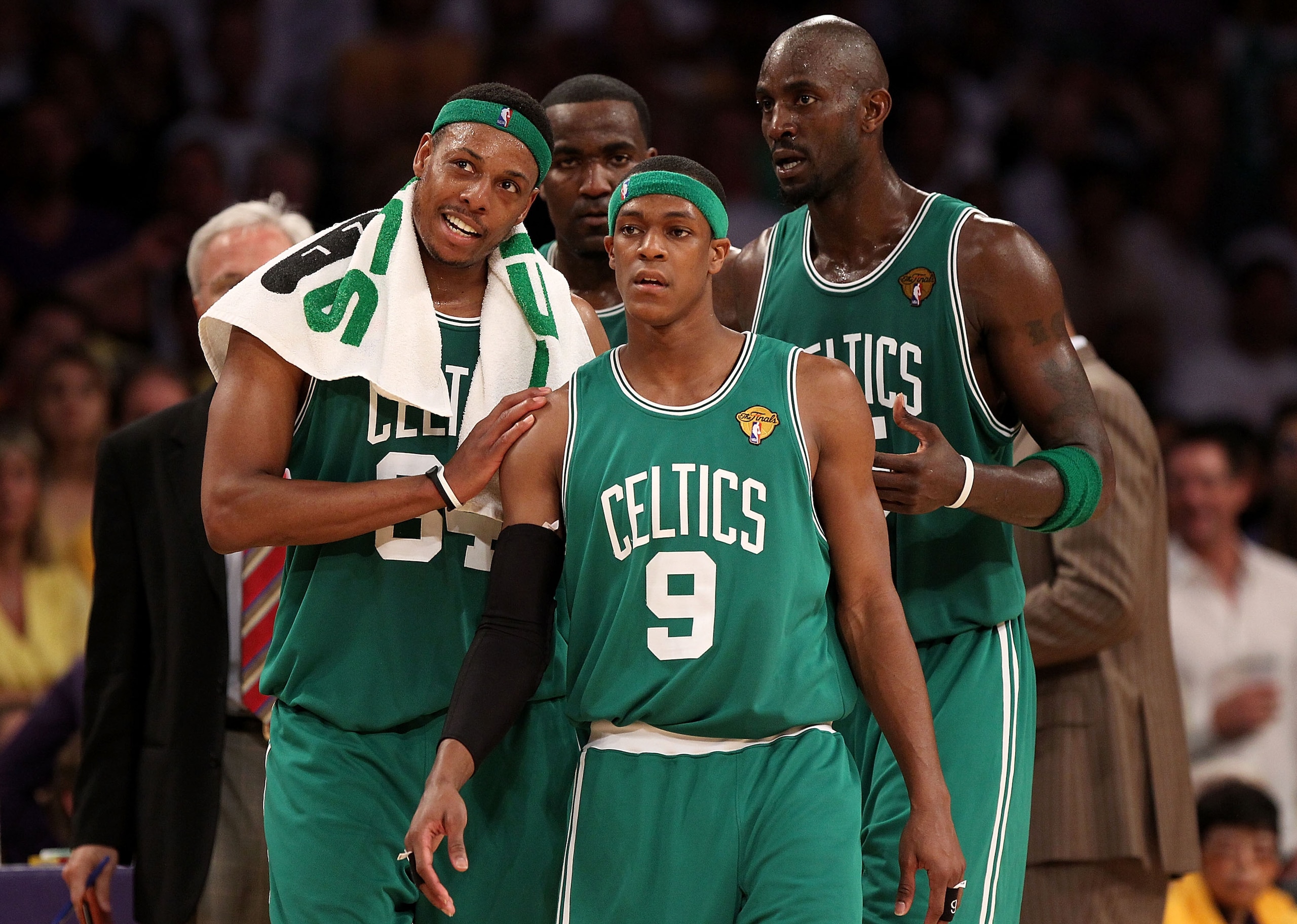 LOS ANGELES, CA - JUNE 06:  (L-R) Paul Pierce #34, Kendrick Perkins #43, Rajon Rondo #9 and Kevin Garnett #5 of the Boston Celtics walk onto the court in the second half against the Los Angeles Lakers in Game Two of the 2010 NBA Finals at Staples Center o