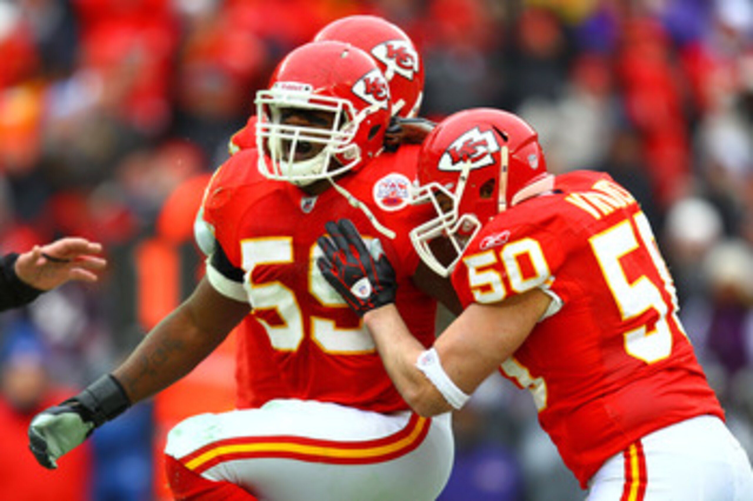 KANSAS CITY, MO - JANUARY 09:  Linebacker Jovan Belcher #59 of the Kansas City Chiefs celebrates a sack of quarterback Joe Flacco #5 of the Baltimore Ravens during their 2011 AFC wild card playoff game at Arrowhead Stadium on January 9, 2011 in Kansas Cit