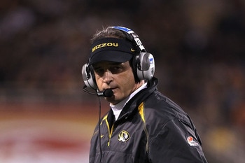 TEMPE, AZ - DECEMBER 28:  Head coach Gary Pinkel of the Missouri Tigers reacts on the sidelines during the Insight Bowl against the Iowa Hawkeyes at Sun Devil Stadium on December 28, 2010 in Tempe, Arizona.  The Hawkeyes defeated the Tigers 27-24.  (Photo