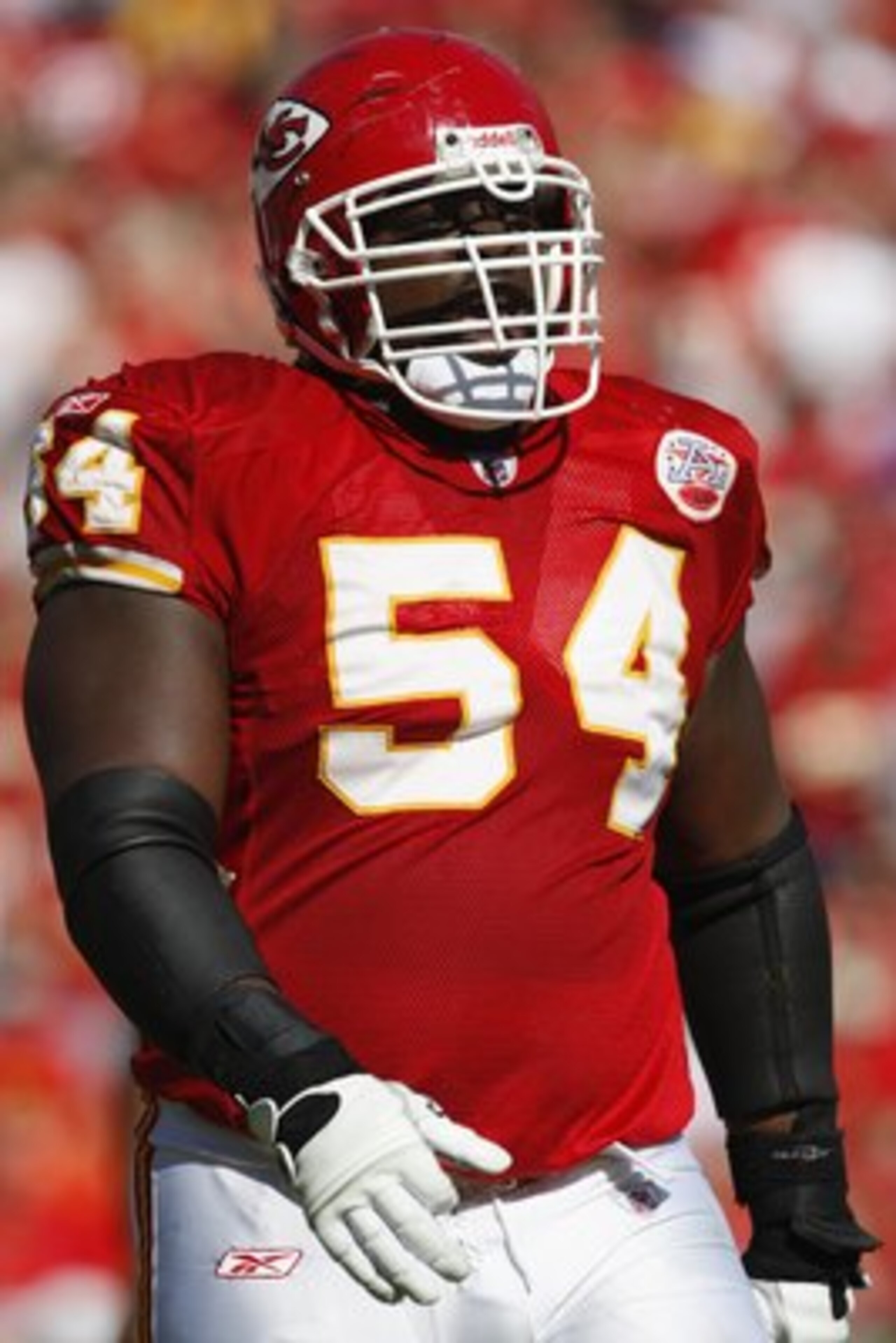 KANSAS CITY, MO - NOVEMBER 02:  Brian Waters #54 of the Kansas City Chiefs looks on against the Tampa Bay Buccaneers during their NFL game on November 2, 2008 at Arrowhead Stadium in Kansas City, Missouri.  The Buccaneers won 30 to 27 in overtime. (Photo