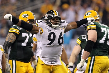 ARLINGTON, TX - FEBRUARY 06:  Ziggy Hood #96 of the Pittsburgh Steelers reacts against the Green Bay Packers during Super Bowl XLV at Cowboys Stadium on February 6, 2011 in Arlington, Texas. The Packers won 31-25.  (Photo by Al Bello/Getty Images)