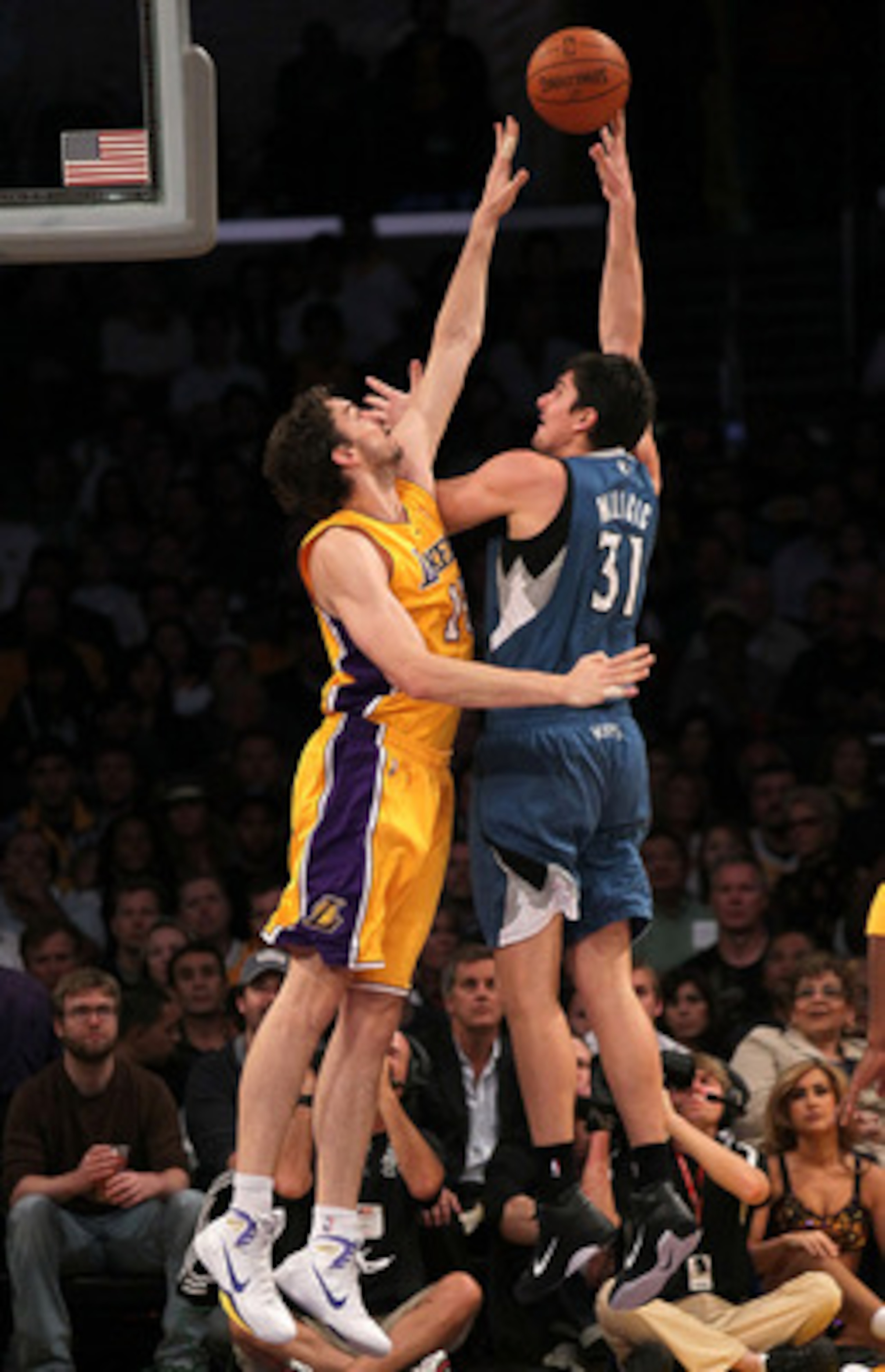 LOS ANGELES - NOVEMBER 9: Darko Milicic #31 of the Minnesota Timberwolves shoots over Pau Gasol #16 of the Los Angeles Lakers at Staples Center on November 9, 2010 in Los Angeles, California. NOTE TO USER: User expressly acknowledges and agrees that, b LOS ANGELES - NOVEMBER 9: Darko Milicic #31 of the Minnesota Timberwolves shoots over Pau Gasol #16 of the Los Angeles Lakers at Staples Center on November 9, 2010 in Los Angeles, California. NOTE TO USER: User expressly acknowledges and agrees that, b