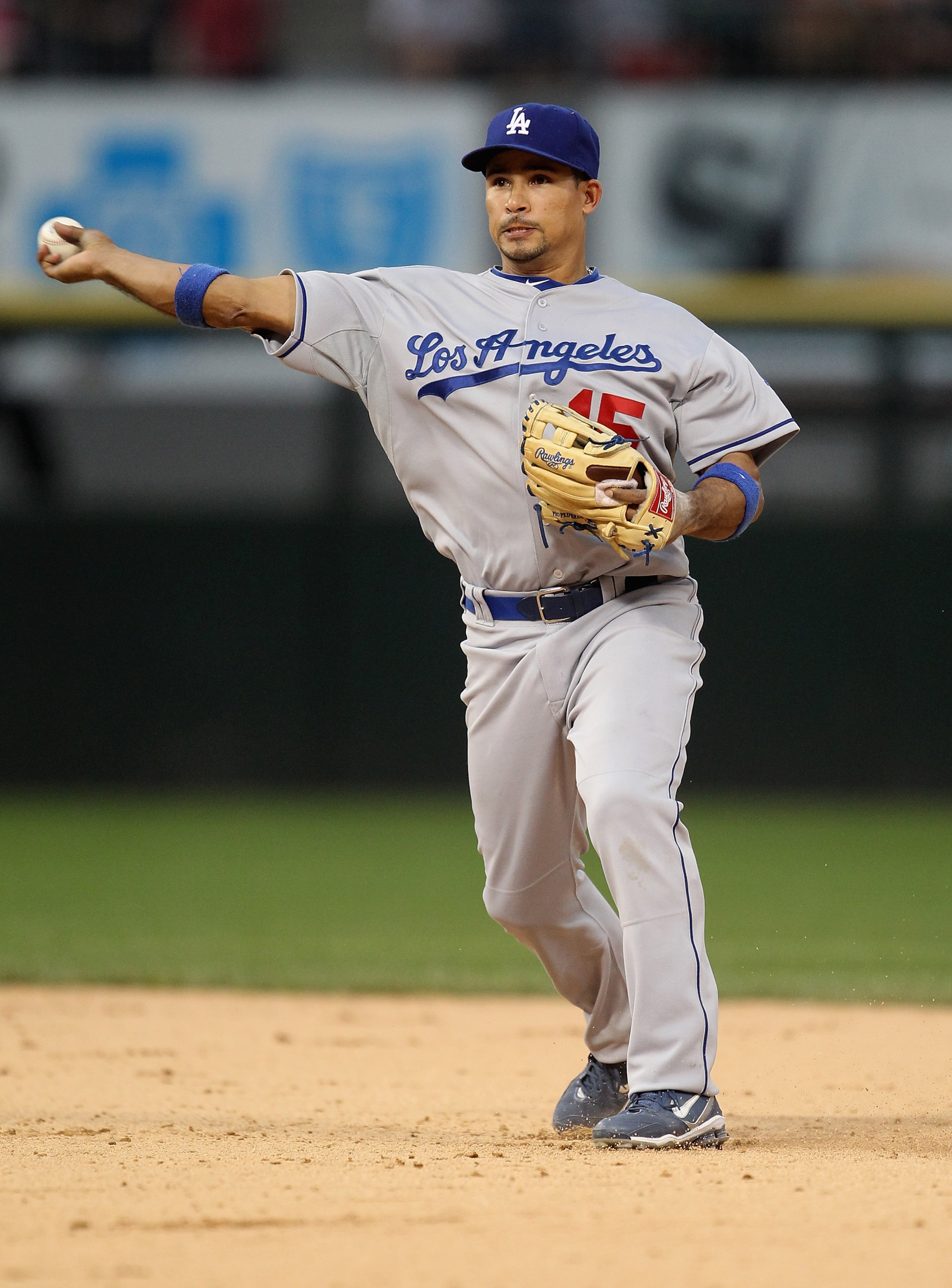CHICAGO, IL - MAY 22: Rafael Furcal #15 of the Los Angeles Dodgers throws to 1st base against the Chicago White Sox at U.S. Cellular Field on May 22, 2011 in Chicago, Illinois. The White Sox defeated the Dodgers 8-3.  (Photo by Jonathan Daniel/Getty Image