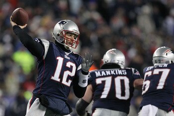FOXBORO, MA - JANUARY 16:  Quarterback Tom Brady #12 of the New England Patriots throws a pass during their 2011 AFC divisional playoff game against the New York Jets at Gillette Stadium on January 16, 2011 in Foxboro, Massachusetts.  (Photo by Al Bello/G
