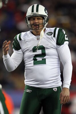 FOXBORO, MA - JANUARY 16:  Nick Folk #2 of the New York Jets reacts after missing a first quarter field goal against the New England Patriots during their 2011 AFC divisional playoff game at Gillette Stadium on January 16, 2011 in Foxboro, Massachusetts. 