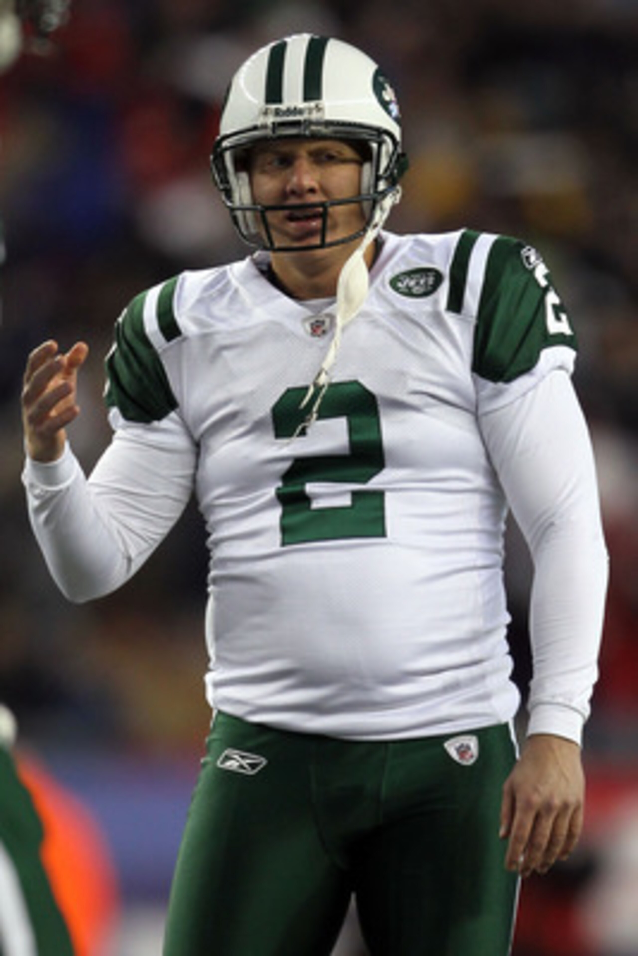 FOXBORO, MA - JANUARY 16:  Nick Folk #2 of the New York Jets reacts after missing a first quarter field goal against the New England Patriots during their 2011 AFC divisional playoff game at Gillette Stadium on January 16, 2011 in Foxboro, Massachusetts. 