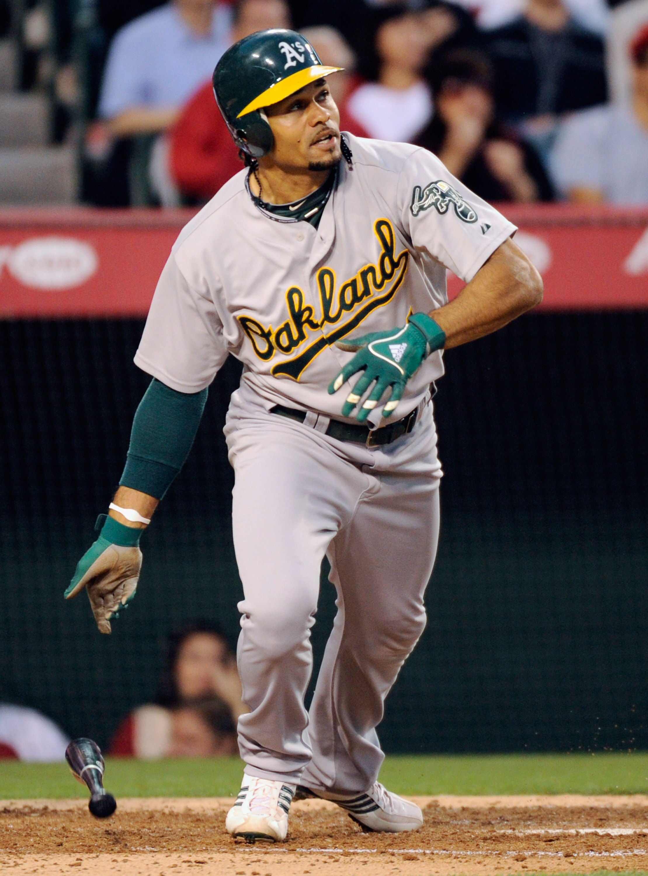 ANAHEIM, CA - MAY 25:  Coco Crisp #4 the Oakland Athletics during the baseball game against the Los Angeles Angels of Anaheim at Angel Stadium of Anaheim on May 25, 2011 in Anaheim, California.  (Photo by Kevork Djansezian/Getty Images)