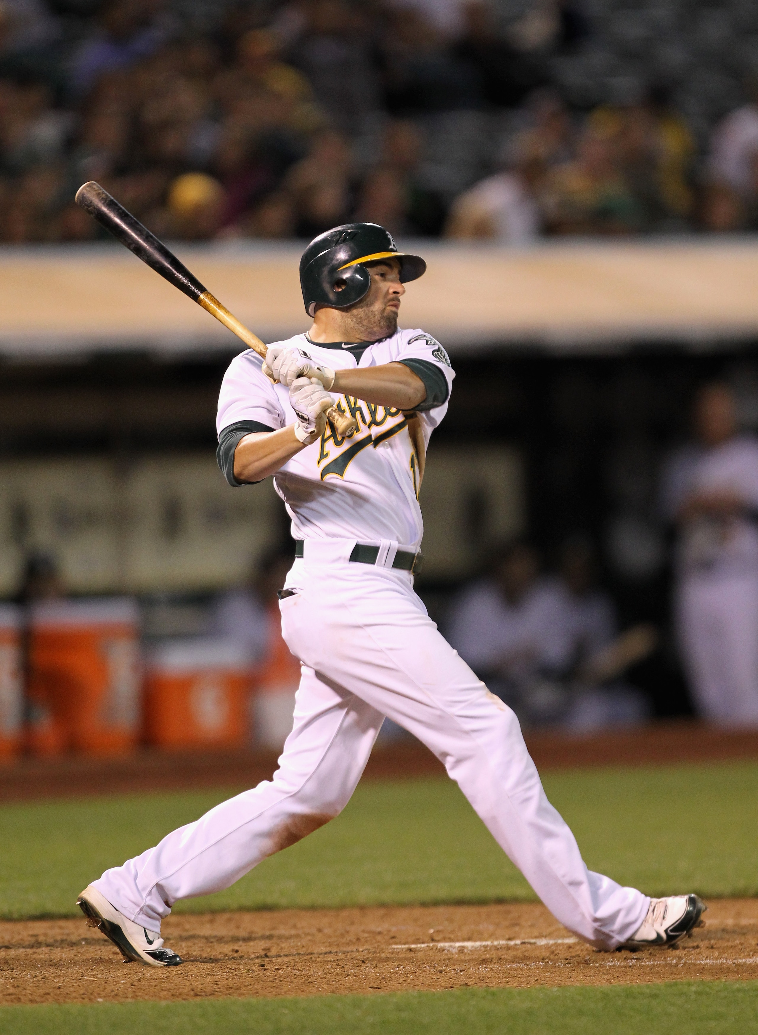 OAKLAND, CA - MAY 13: David DeJesus #12 of the Oakland singled in Hideki Matsui in the seventh inning against the Chicago White Sox at the Oakland-Alameda County Coliseum on May 13, 2011 in Oakland, California.  (Photo by Ezra Shaw/Getty Images)