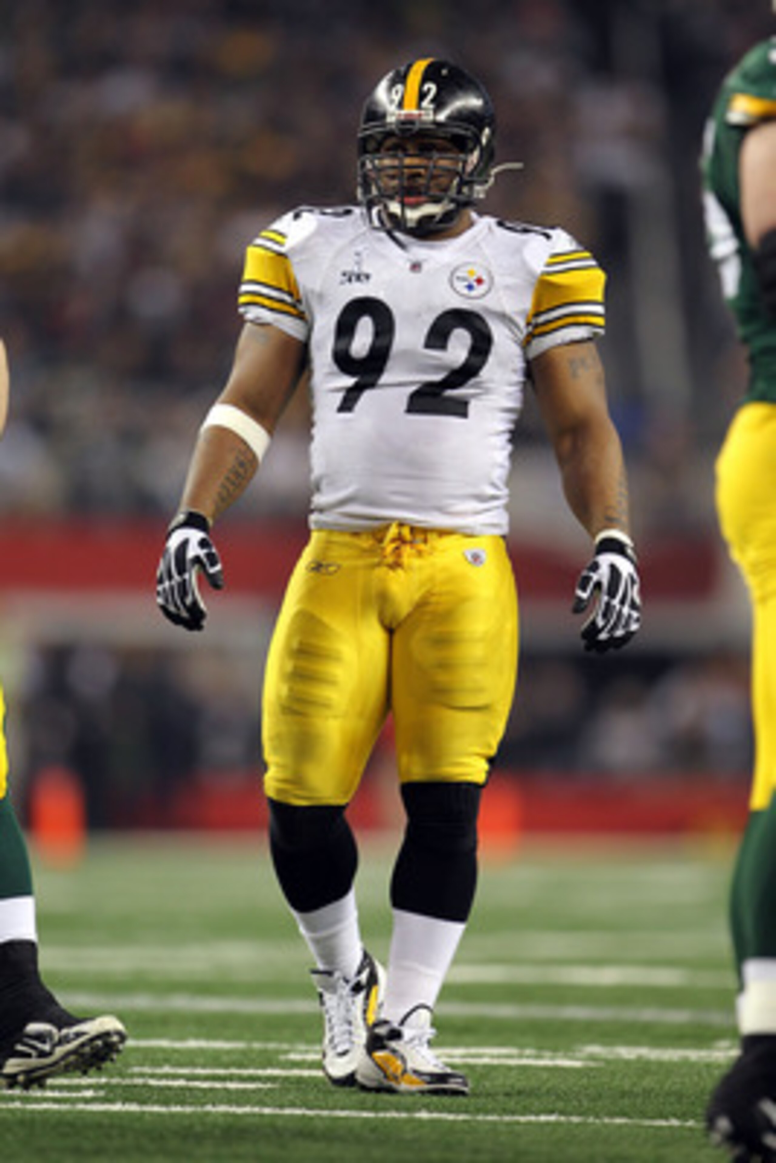 ARLINGTON, TX - FEBRUARY 06:  James Harrison #92 of the Pittsburgh Steelers stands on the field against the Green Bay Packers during Super Bowl XLV at Cowboys Stadium on February 6, 2011 in Arlington, Texas. The Packers won 31-25. (Photo by Jamie Squire/G