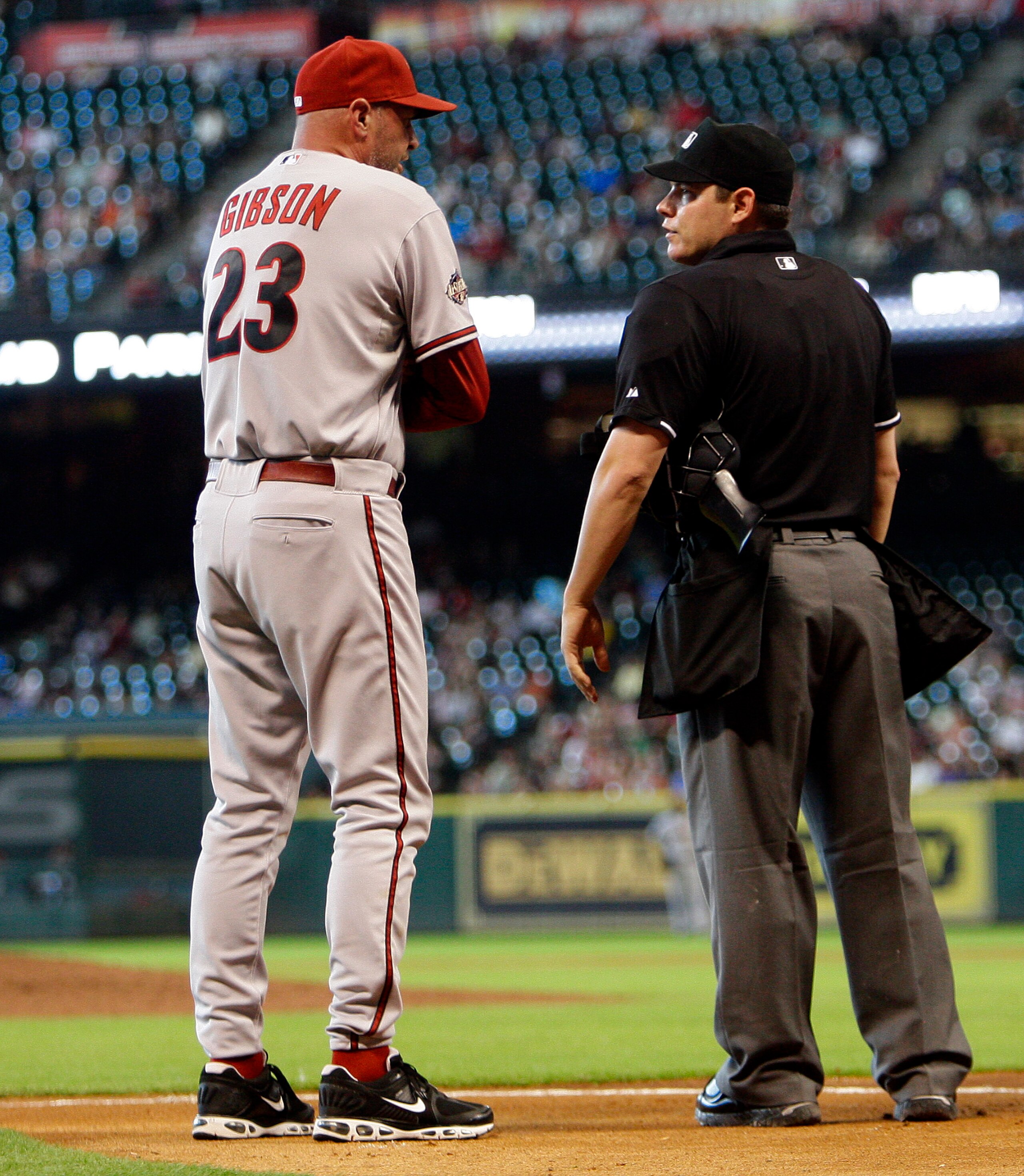 HOUSTON - MAY 29:  Manager Kirk Gibson #23 of the Arizona Diamondbacks argues with home plate umpire D.J. Reyburn after he was thrown out of the game in the fourth inning at Minute Maid Park on May 29, 2011 in Houston, Texas.  (Photo by Bob Levey/Getty Im