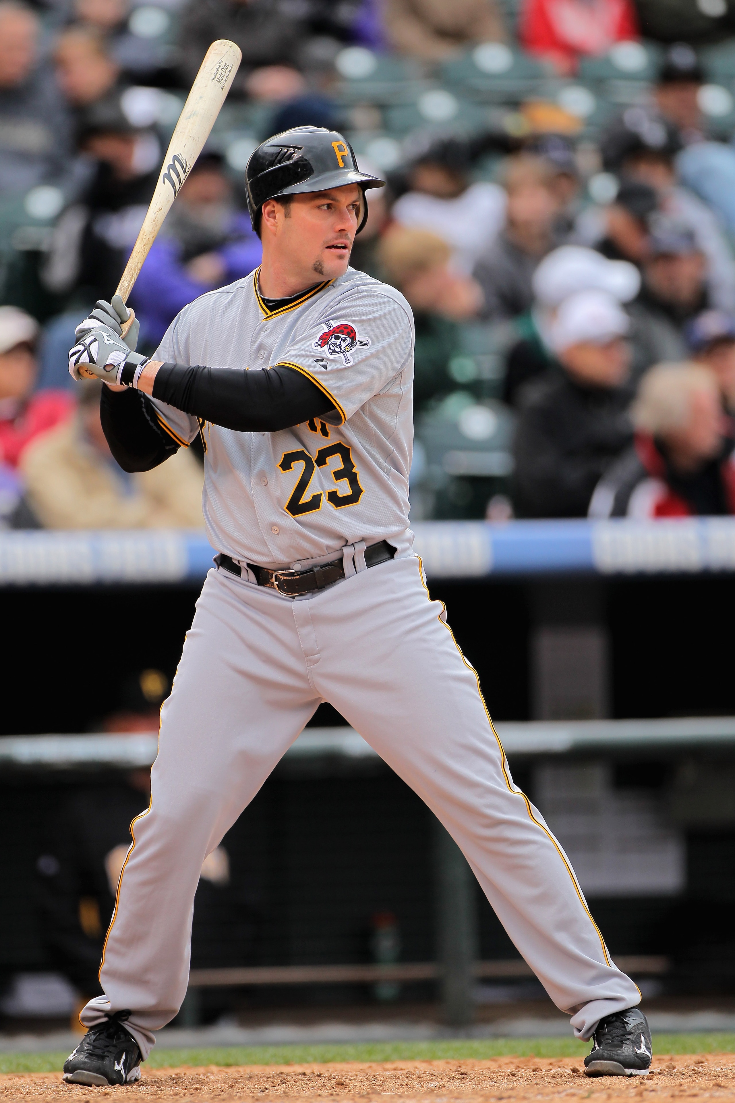 DENVER, CO - MAY 01:  Matt Diaz #23 of the Pittsburgh Pirates takes an at bat against the Colorado Rockies at Coors Field on May 1, 2011 in Denver, Colorado. The Pirates defeated the Rockies 8-4.  (Photo by Doug Pensinger/Getty Images)