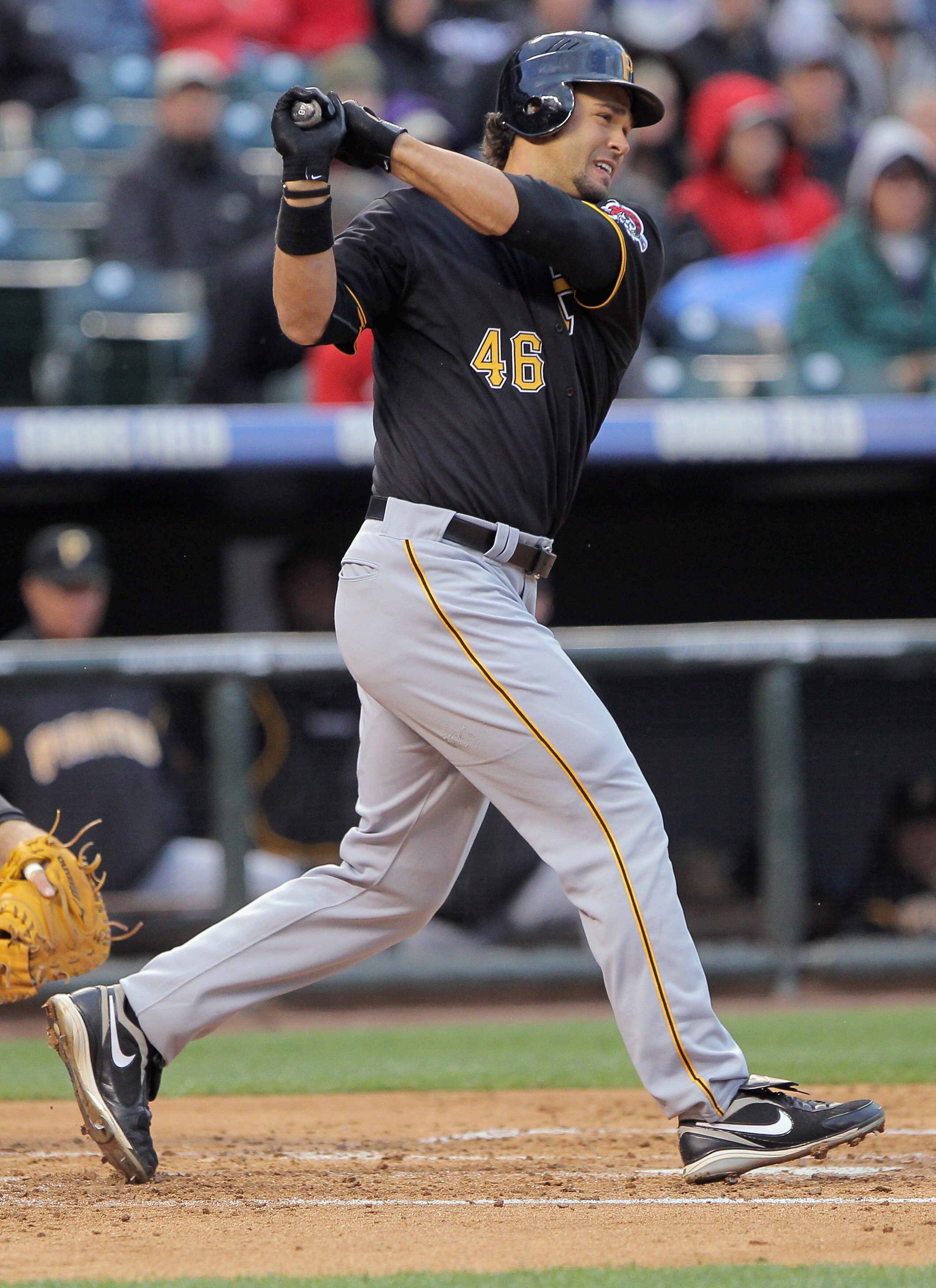 DENVER, CO - APRIL 29:  Garrett Jones #46 of the Pittsburgh Pirates takes an at bat against the Colorado Rockies at Coors Field on April 29, 2011 in Denver, Colorado. The Pirates defeated the Rockies 3-0.  (Photo by Doug Pensinger/Getty Images)