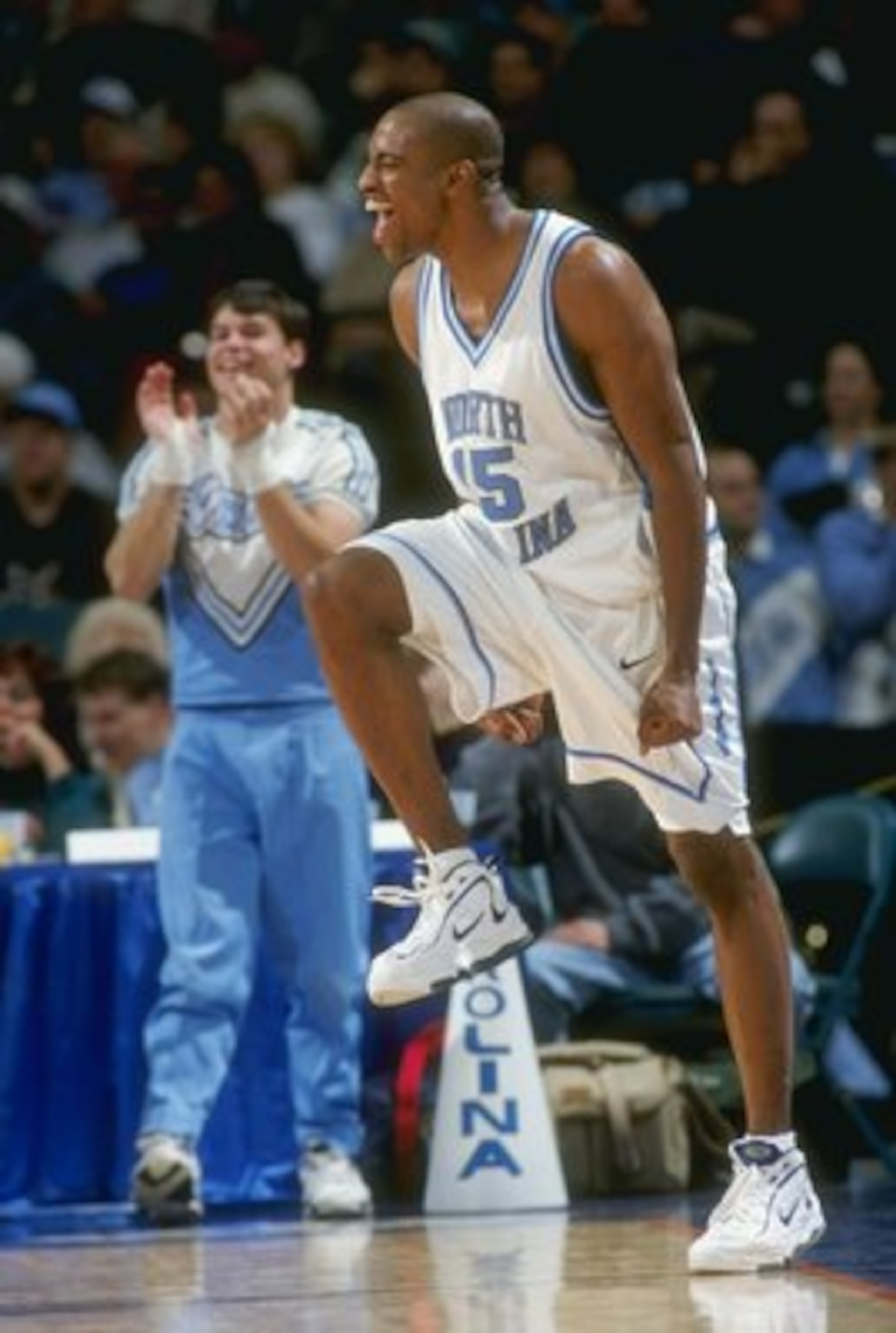 5 Dec 1997:  Guard Vince Carter of the North Carolina Tar Heels celebrates during a game against the Tennessee at Chattanooga Moccasins during the Harus Teeter Pepsi Challenge at the Charlotte Coliseum in Charlotte, North Carolina.  North Carolina won the