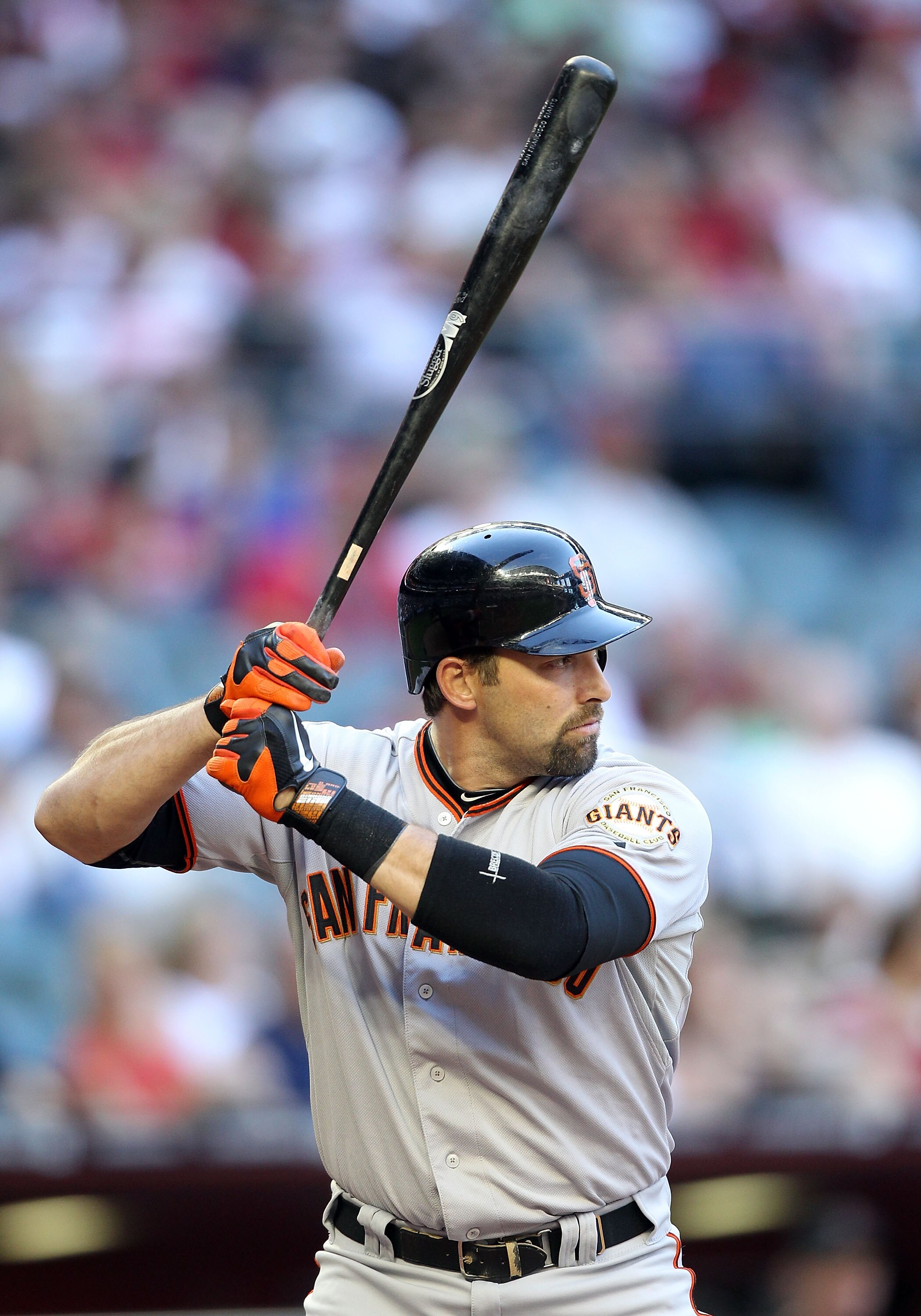 PHOENIX, AZ - APRIL 16:  Mark DeRosa #7 of the San Francisco Giants bats against the Arizona Diamondbacks during the Major League Baseball game at Chase Field on April 16, 2011 in Phoenix, Arizona. The Giants defeated the Diamondbacks 5-3.  (Photo by Chri