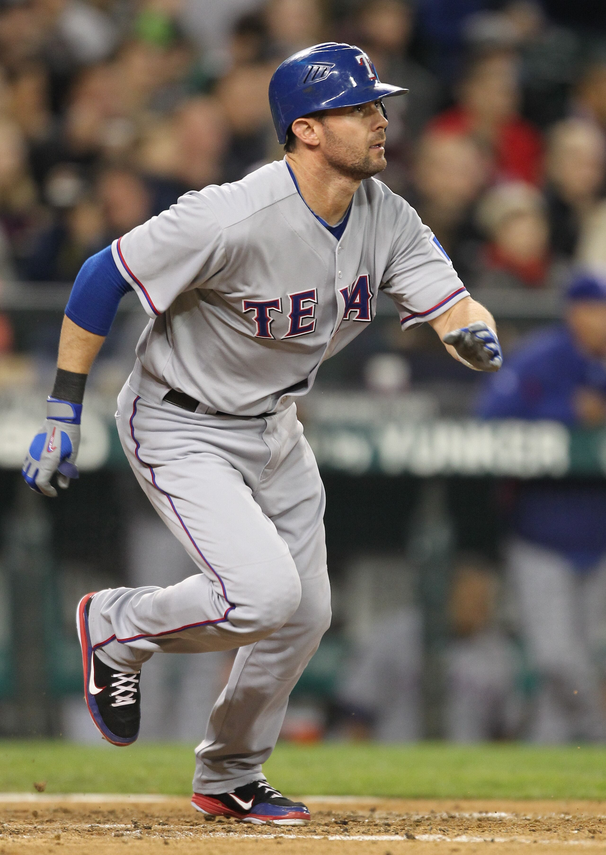 SEATTLE - MAY 04:  Michael Young #10 of the Texas Rangers bats against the Seattle Mariners at Safeco Field on May 4, 2011 in Seattle, Washington. (Photo by Otto Greule Jr/Getty Images)