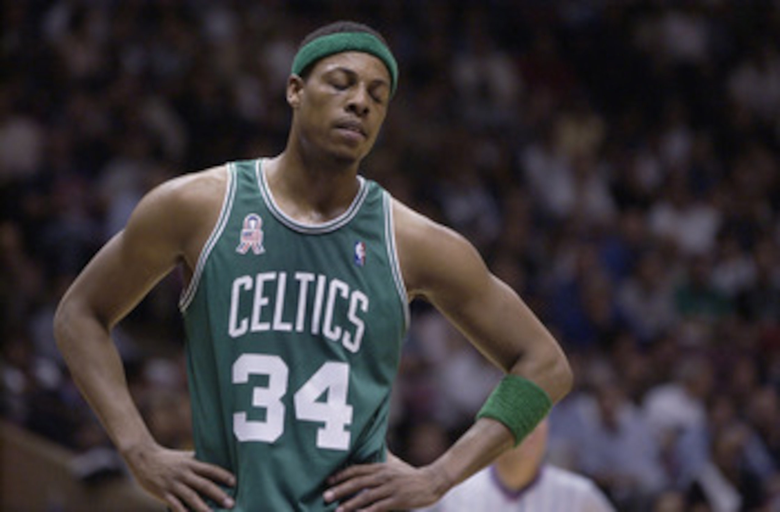 EAST RUTHERFORD, NJ - MAY 29:    Paul Pierce #34 of the Boston Celtics upset during the second period of their game against the New Jersey Nets in Game 5 of the Eastern Conference Finals at Continental Airlines Arena in East Rutherford, New Jersey on May