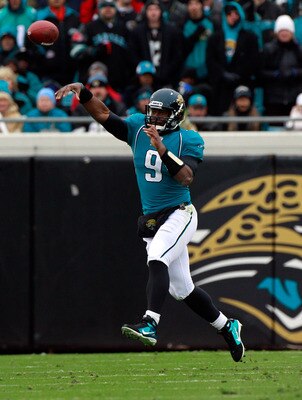 JACKSONVILLE, FL - DECEMBER 26:  Quarterback David Garrard #9 of the Jacksonville Jaguars attempts a pass during the game against the Washington Redskins at EverBank Field on December 26, 2010 in Jacksonville, Florida.  (Photo by Sam Greenwood/Getty Image