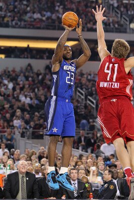 ARLINGTON, TX - FEBRUARY 14:  LeBron James #23 of the Eastern Conference shoots against Dirk Nowitzki #41 of the Western Conference during the first quarter of the NBA All-Star Game, part of 2010 NBA All-Star Weekend at Cowboys Stadium on February 14, 201