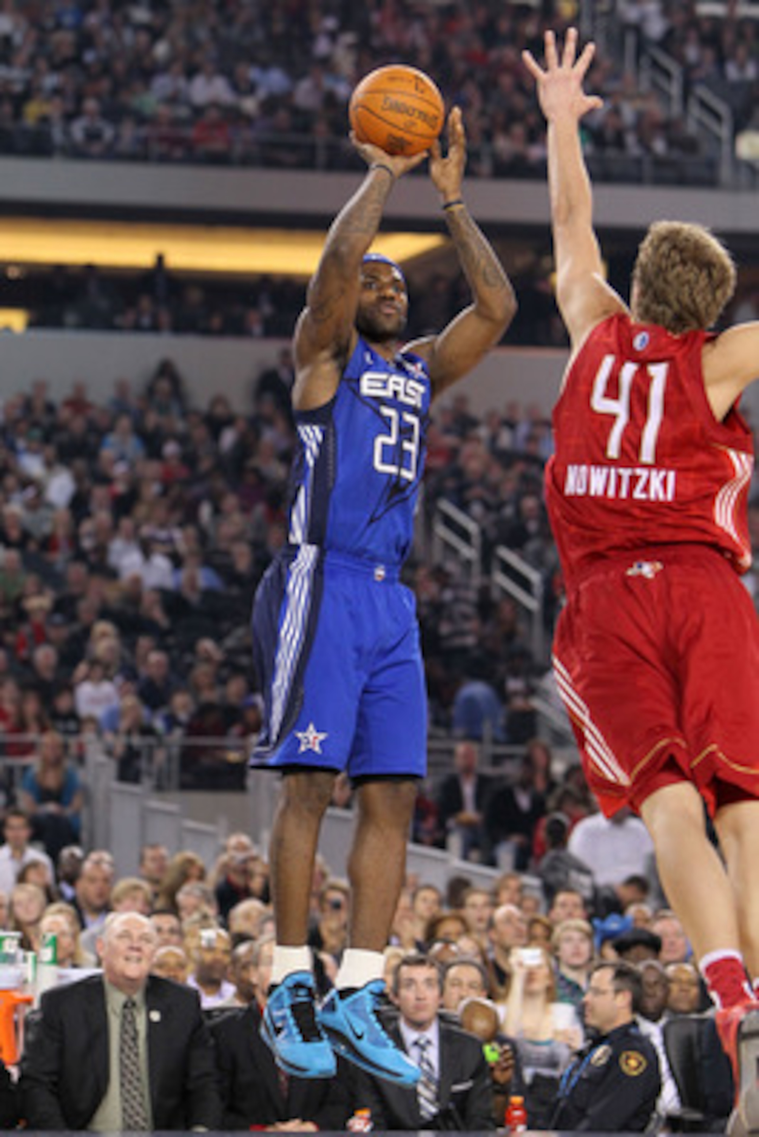 ARLINGTON, TX - FEBRUARY 14:  LeBron James #23 of the Eastern Conference shoots against Dirk Nowitzki #41 of the Western Conference during the first quarter of the NBA All-Star Game, part of 2010 NBA All-Star Weekend at Cowboys Stadium on February 14, 201