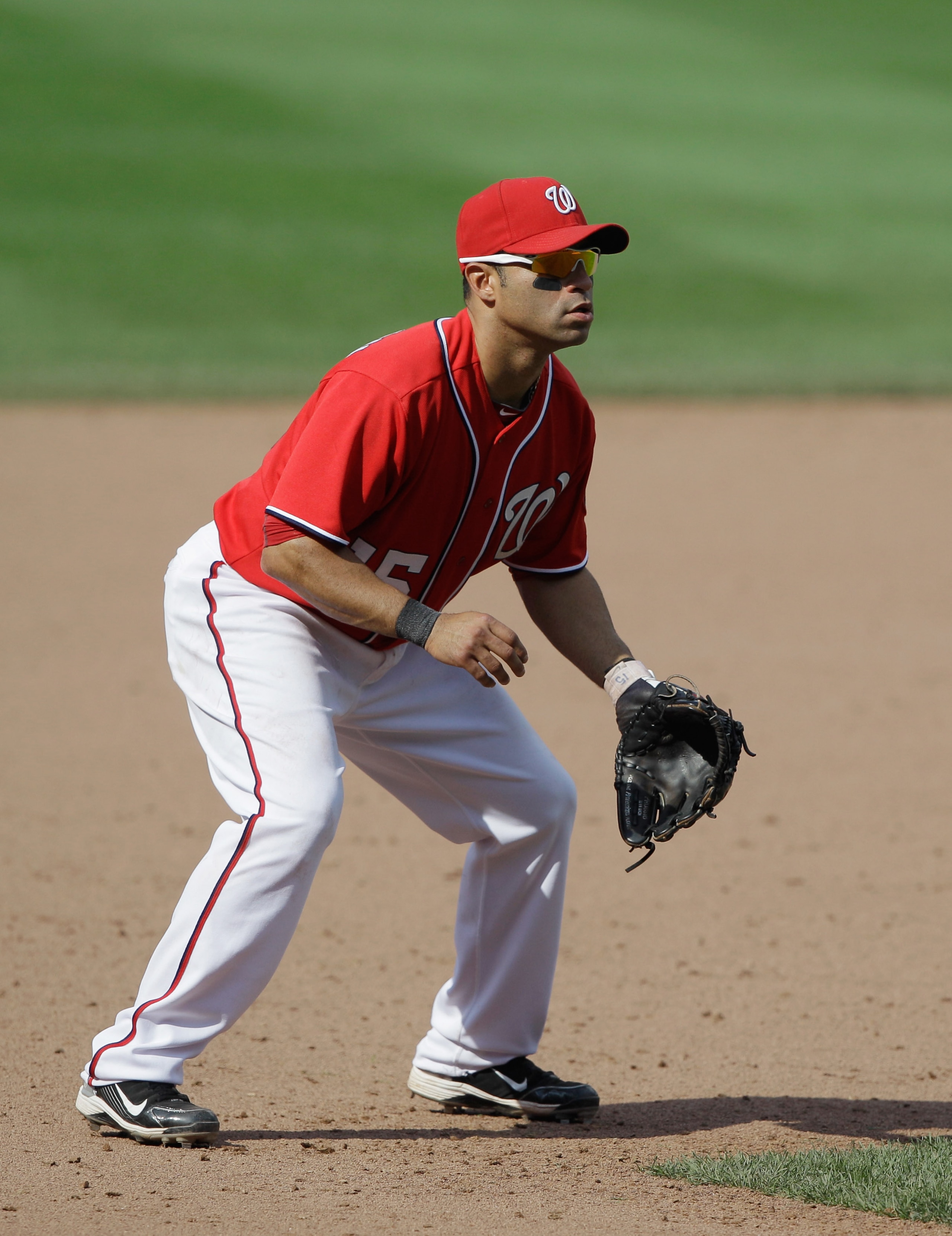 WASHINGTON, DC - MAY 15: Jerry Hairston Jr. #15 of the Washington Nationals in the field against the Florida Marlins at Nationals Park on May 15, 2011 in Washington, DC.  (Photo by Rob Carr/Getty Images)