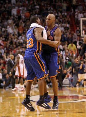 MIAMI, FL - FEBRUARY 27:  Chauncey Billups #4 of the New York Knicks is congratulated by teammate Toney Douglas #23 during a game against the Miami Heat at American Airlines Arena on February 27, 2011 in Miami, Florida. NOTE TO USER: User expressly acknow