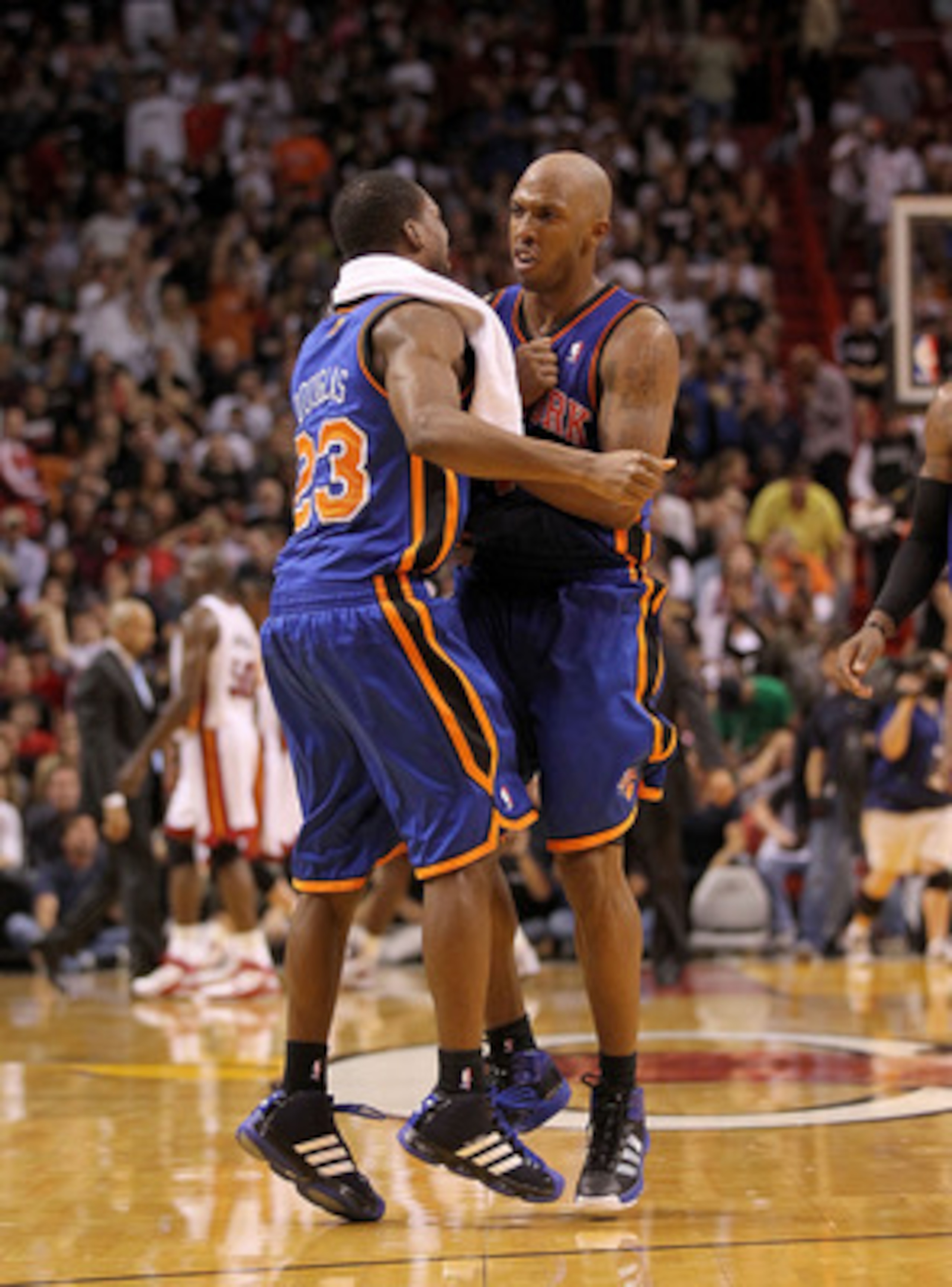 MIAMI, FL - FEBRUARY 27:  Chauncey Billups #4 of the New York Knicks is congratulated by teammate Toney Douglas #23 during a game against the Miami Heat at American Airlines Arena on February 27, 2011 in Miami, Florida. NOTE TO USER: User expressly acknow