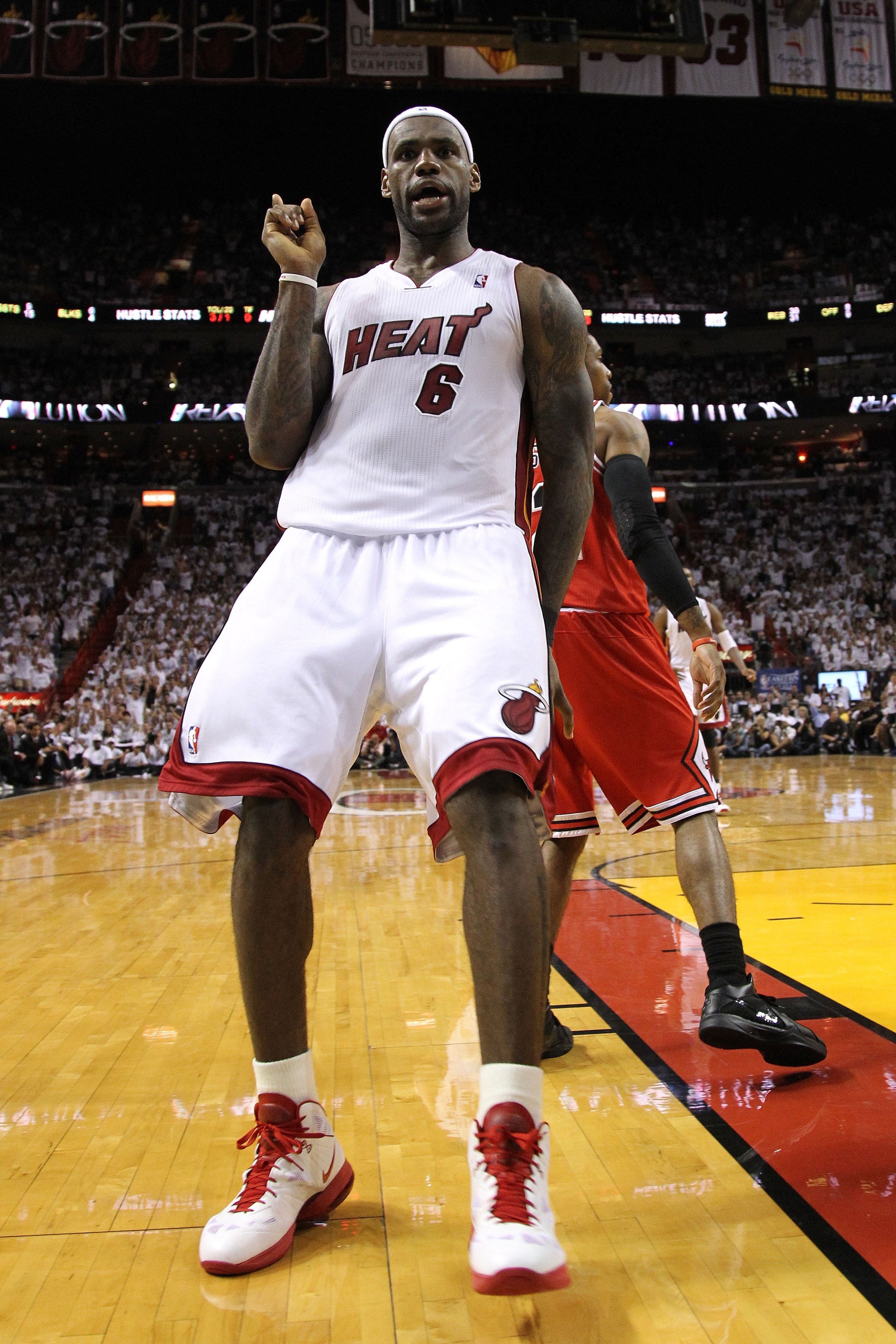 MIAMI, FL - MAY 24:  LeBron James #6 of the Miami Heat reacts in the second half against the Chicago Bulls in Game Four of the Eastern Conference Finals during the 2011 NBA Playoffs on May 24, 2011 at American Airlines Arena in Miami, Florida. NOTE TO USE