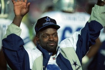 31 Jan 1993:  Emmitt Smith #22 of the Dallas Cowboys celebrates on the sidelines during the Superbowl XXVII against the Buffalo Bills at the Rose Bowl in Pasadena, California. The Cowboys defeated the Bills 52-17. Mandatory Credit: Mike Powell  /Allsport