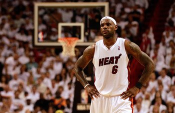 MIAMI, FL - MAY 24:  LeBron James #6 of the Miami Heat looks on against the Chicago Bulls in Game Four of the Eastern Conference Finals during the 2011 NBA Playoffs on May 24, 2011 at American Airlines Arena in Miami, Florida. NOTE TO USER: User expressly