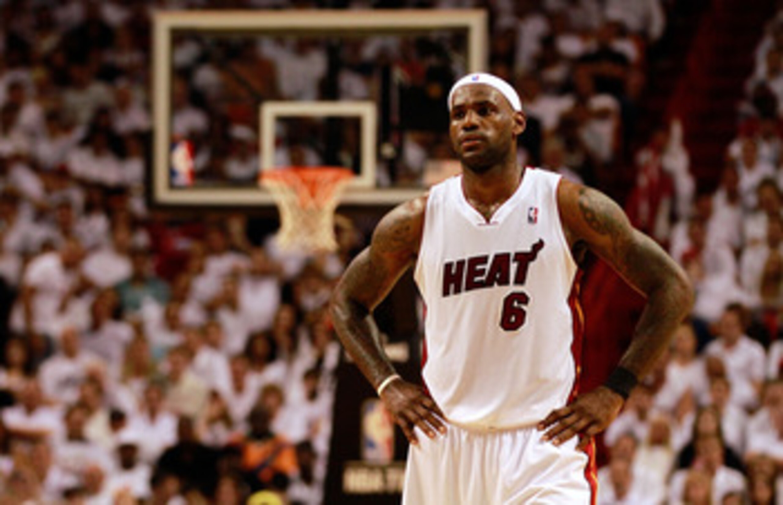 MIAMI, FL - MAY 24:  LeBron James #6 of the Miami Heat looks on against the Chicago Bulls in Game Four of the Eastern Conference Finals during the 2011 NBA Playoffs on May 24, 2011 at American Airlines Arena in Miami, Florida. NOTE TO USER: User expressly