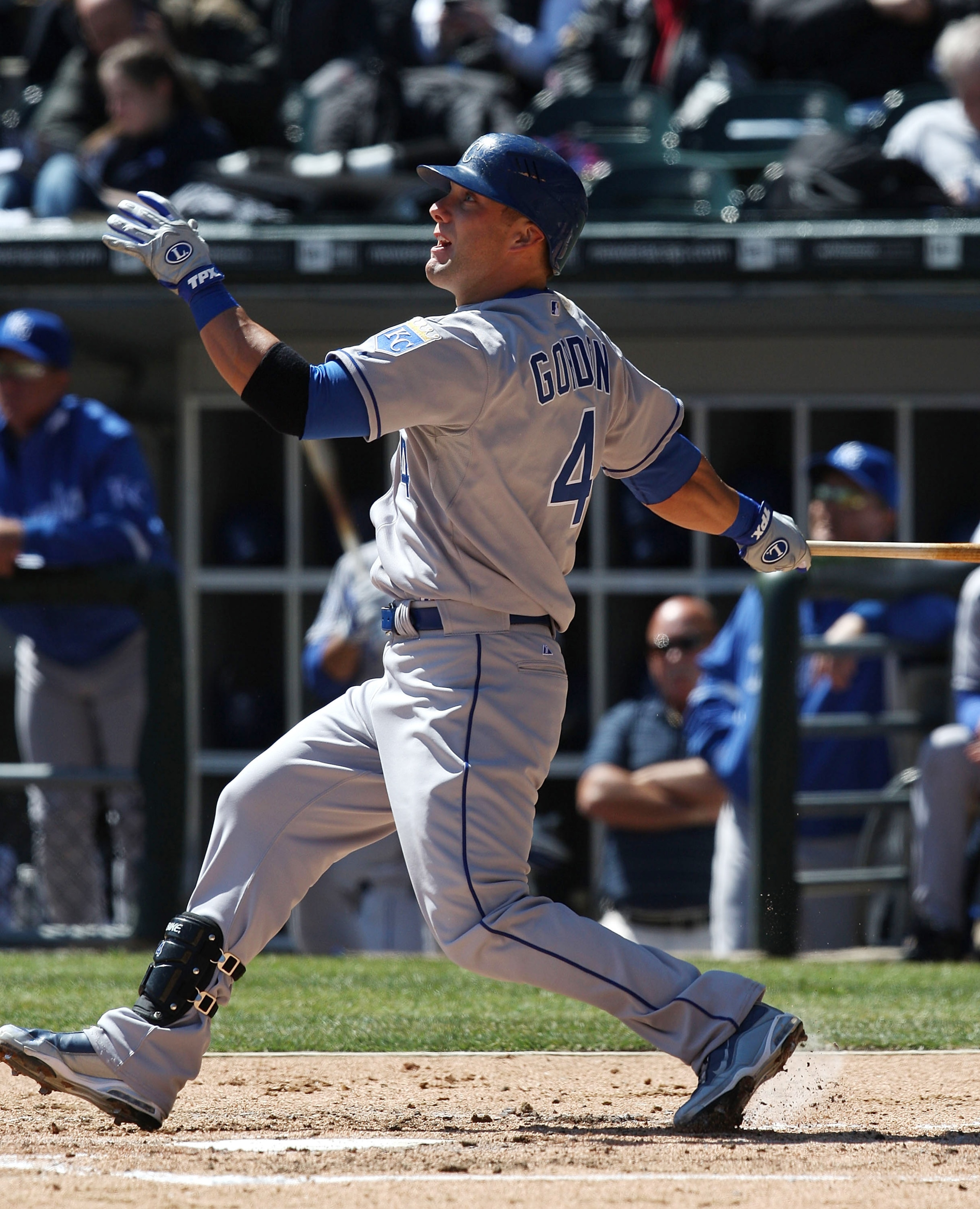 CHICAGO - APRIL 7: Alex Gordon #4 of the Kansas City Royals hits a solo home run in the second inning against the Chicago White Sox during the Opening Day game on April 7, 2009 at U.S. Cellular Field in Chicago, Illinois. (Photo by Jonathan Daniel/Getty I