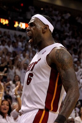 MIAMI, FL - MAY 22:  LeBron James #6 of the Miami Heat reacts in the fourth quarter against the Chicago Bulls in Game Three of the Eastern Conference Finals during the 2011 NBA Playoffs on May 22, 2011 at American Airlines Arena in Miami, Florida.  NOTE T