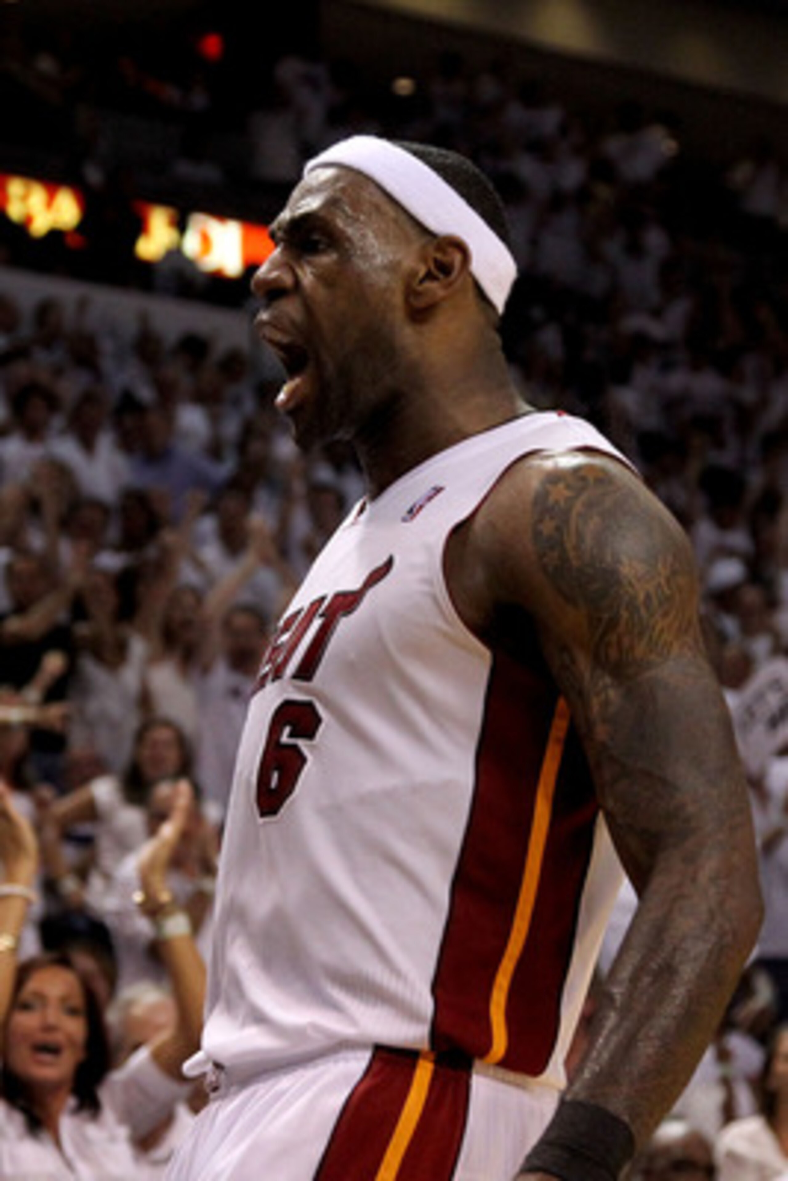 MIAMI, FL - MAY 22:  LeBron James #6 of the Miami Heat reacts in the fourth quarter against the Chicago Bulls in Game Three of the Eastern Conference Finals during the 2011 NBA Playoffs on May 22, 2011 at American Airlines Arena in Miami, Florida.  NOTE T