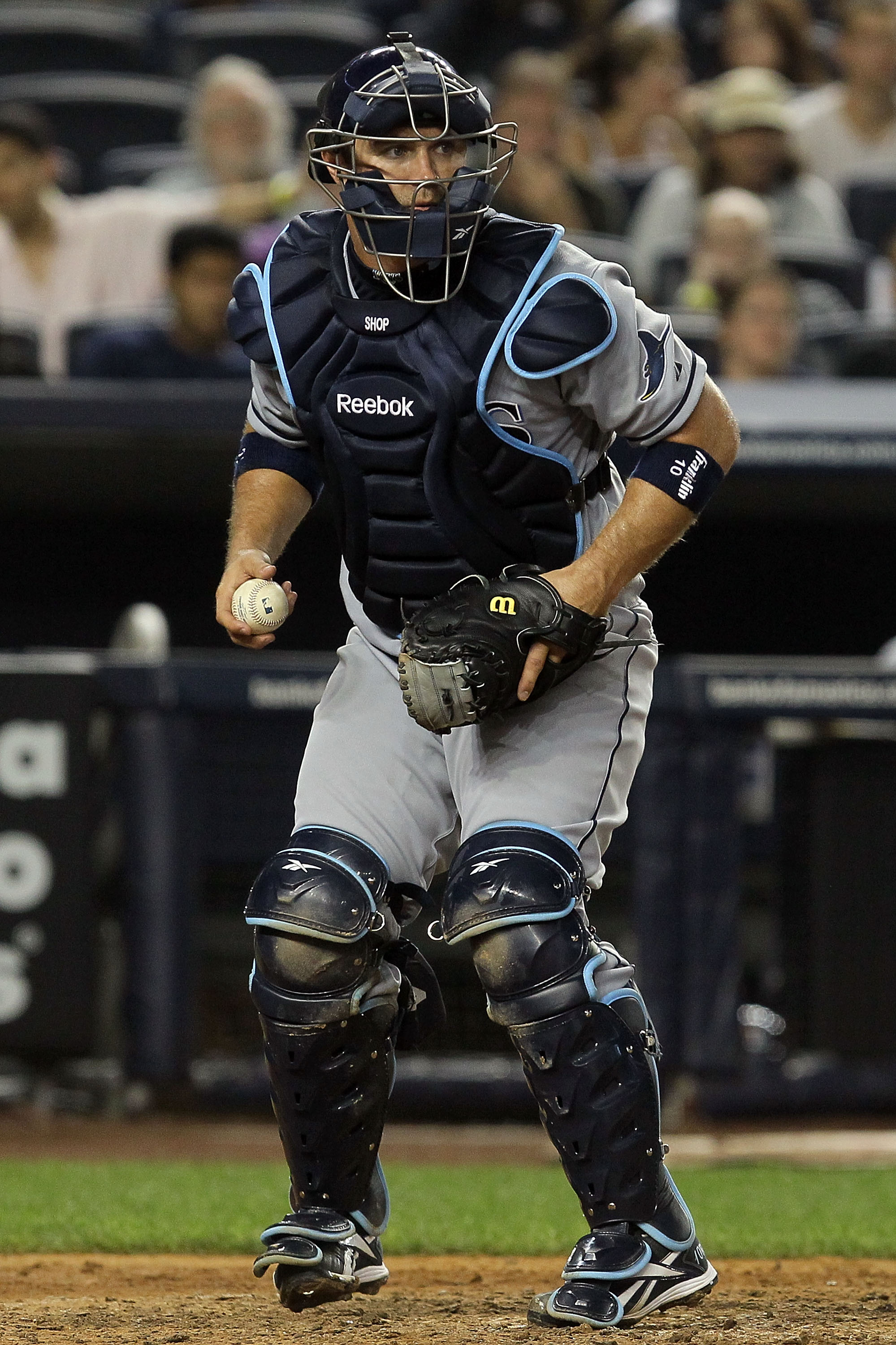NEW YORK - JULY 16:  Kelly Shoppach #10 of the Tampa Bay Rays in action against the New York Yankees on July 16, 2010 at Yankee Stadium in the Bronx borough of New York City.  (Photo by Jim McIsaac/Getty Images)