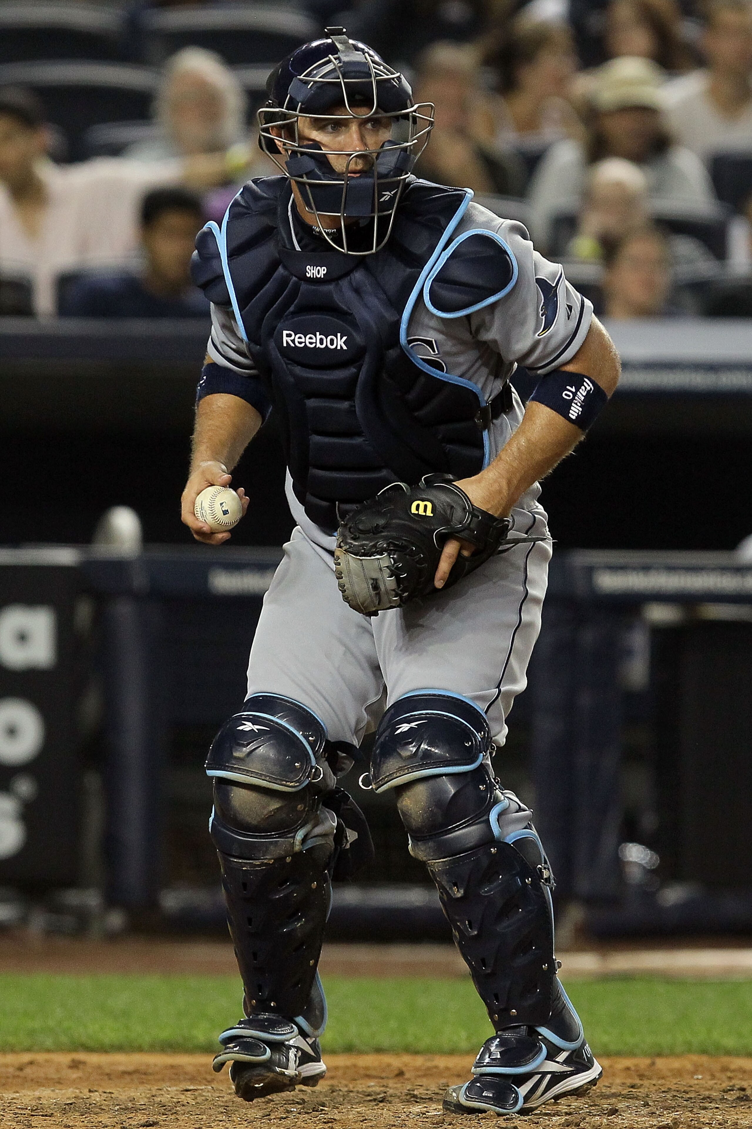 NEW YORK - JULY 16:  Kelly Shoppach #10 of the Tampa Bay Rays in action against the New York Yankees on July 16, 2010 at Yankee Stadium in the Bronx borough of New York City.  (Photo by Jim McIsaac/Getty Images)