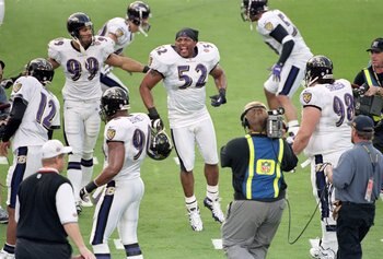 28 Jan 2001:  Ray Lewis #52 of the Baltimore Ravens hops on the field during the introduction before the Super Bowl XXXV Game against the New York Giants at the Raymond James Stadium in Tampa, Florida. The Ravens defeated the Giants 34-7.Mandatory Credit: