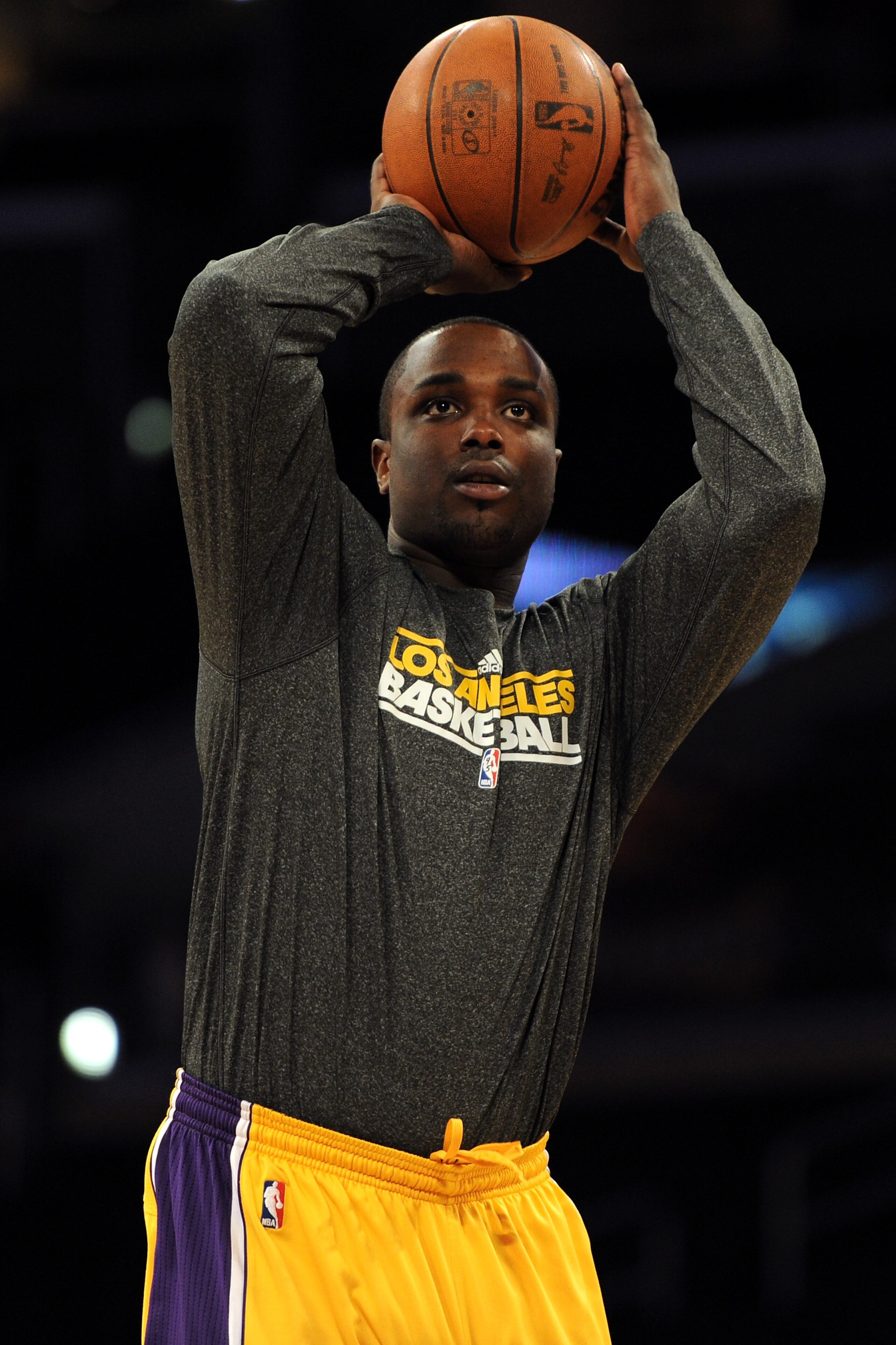 LOS ANGELES, CA - APRIL 26:  Derrick Caracter #45 of the Los Angeles Lakers warms up before Game Five of the Western Conference Quarterfinals in the 2011 NBA Playoffs against the New Orleans Hornets on April 26, 2011 at Staples Center in Los Angeles, Cali