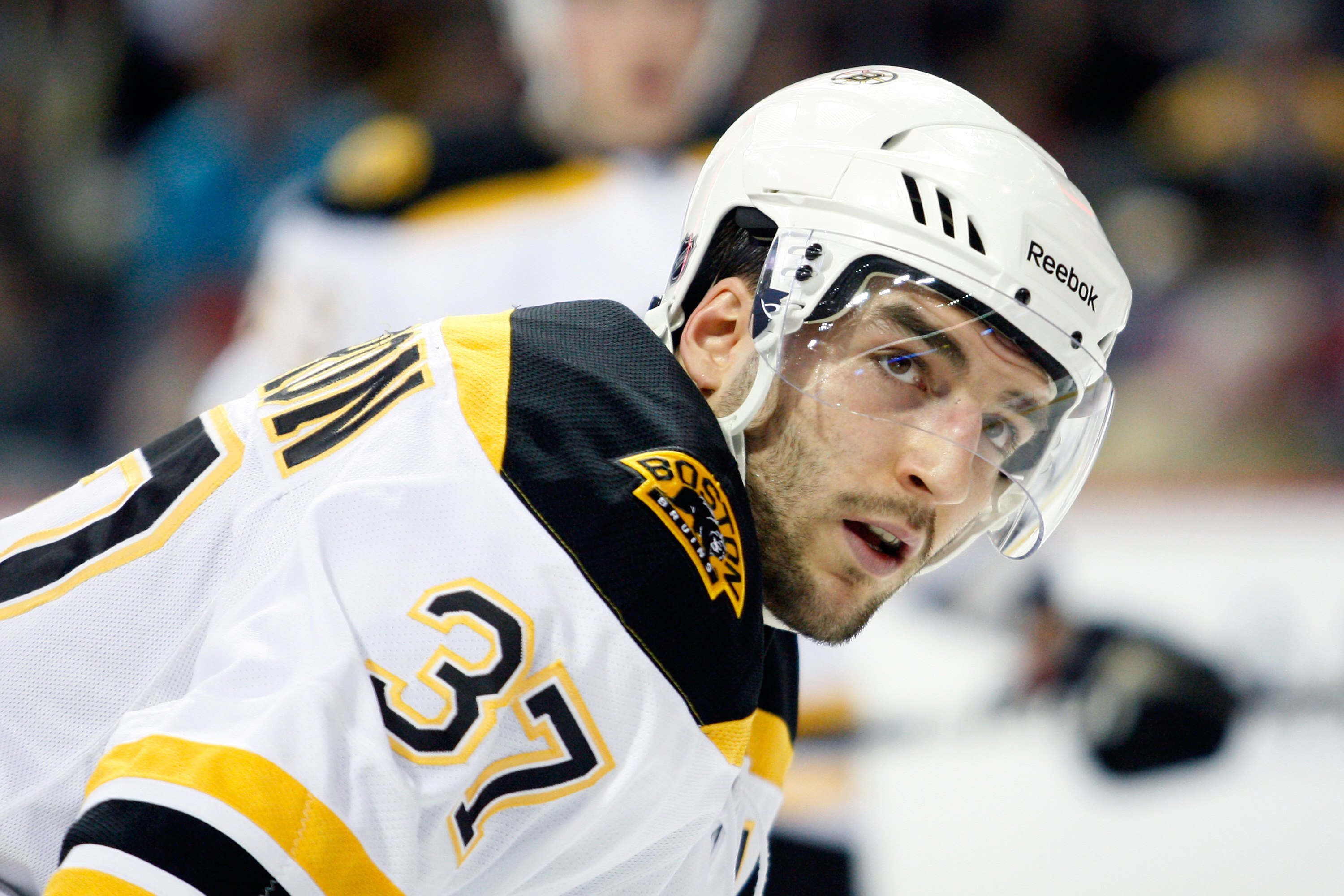 MONTREAL, CANADA - MARCH 8:  Patrice Bergeron #37 of the Boston Bruins waits for a faceoff during the NHL game against the Montreal Canadiens at the Bell Centre on March 8, 2011 in Montreal, Quebec, Canada.  The Canadiens defeated the Bruins 4-1.  (Photo 