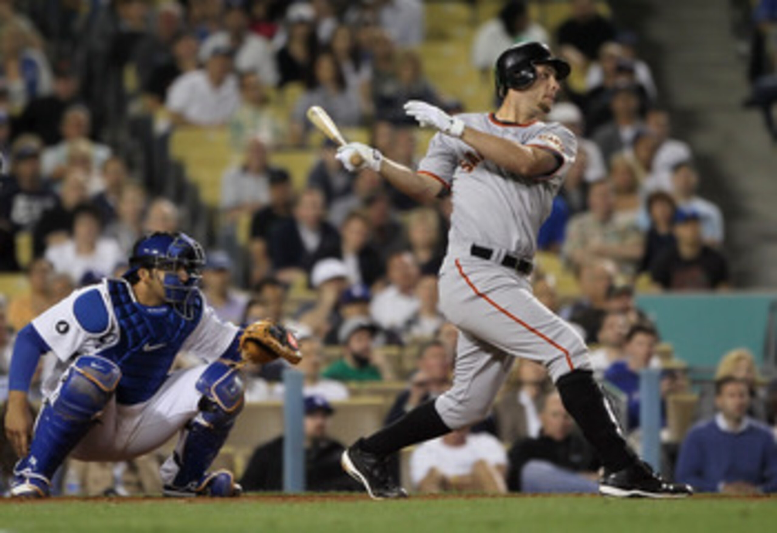 LOS ANGELES, CA - APRIL 01:  Brandon Belt #9 of the San Francisco Giants bats against the Los Angeles Dodgers at Dodger Stadium on April 1, 2011 in Los Angeles, California.  (Photo by Jeff Gross/Getty Images)