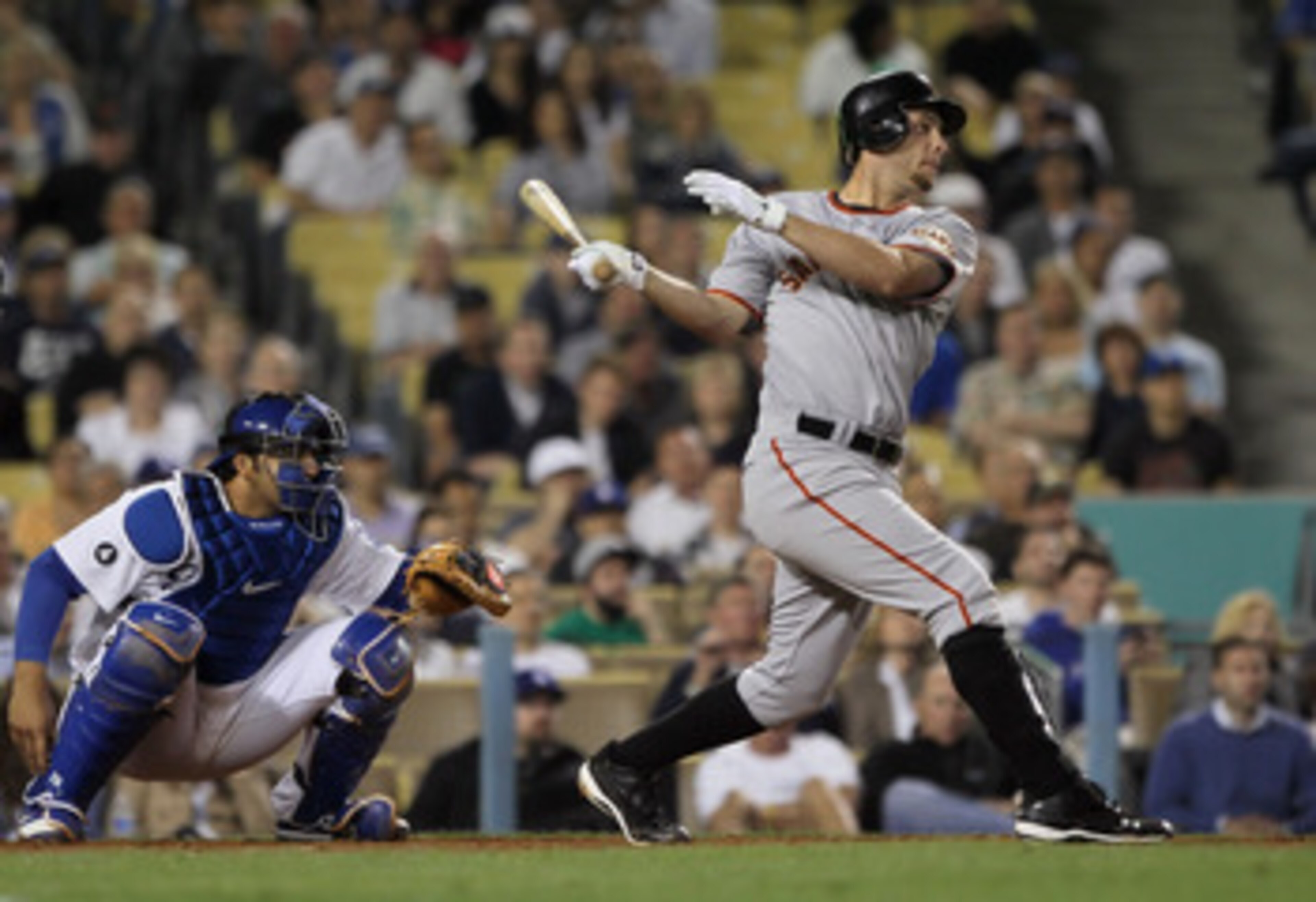 LOS ANGELES, CA - APRIL 01:  Brandon Belt #9 of the San Francisco Giants bats against the Los Angeles Dodgers at Dodger Stadium on April 1, 2011 in Los Angeles, California.  (Photo by Jeff Gross/Getty Images)