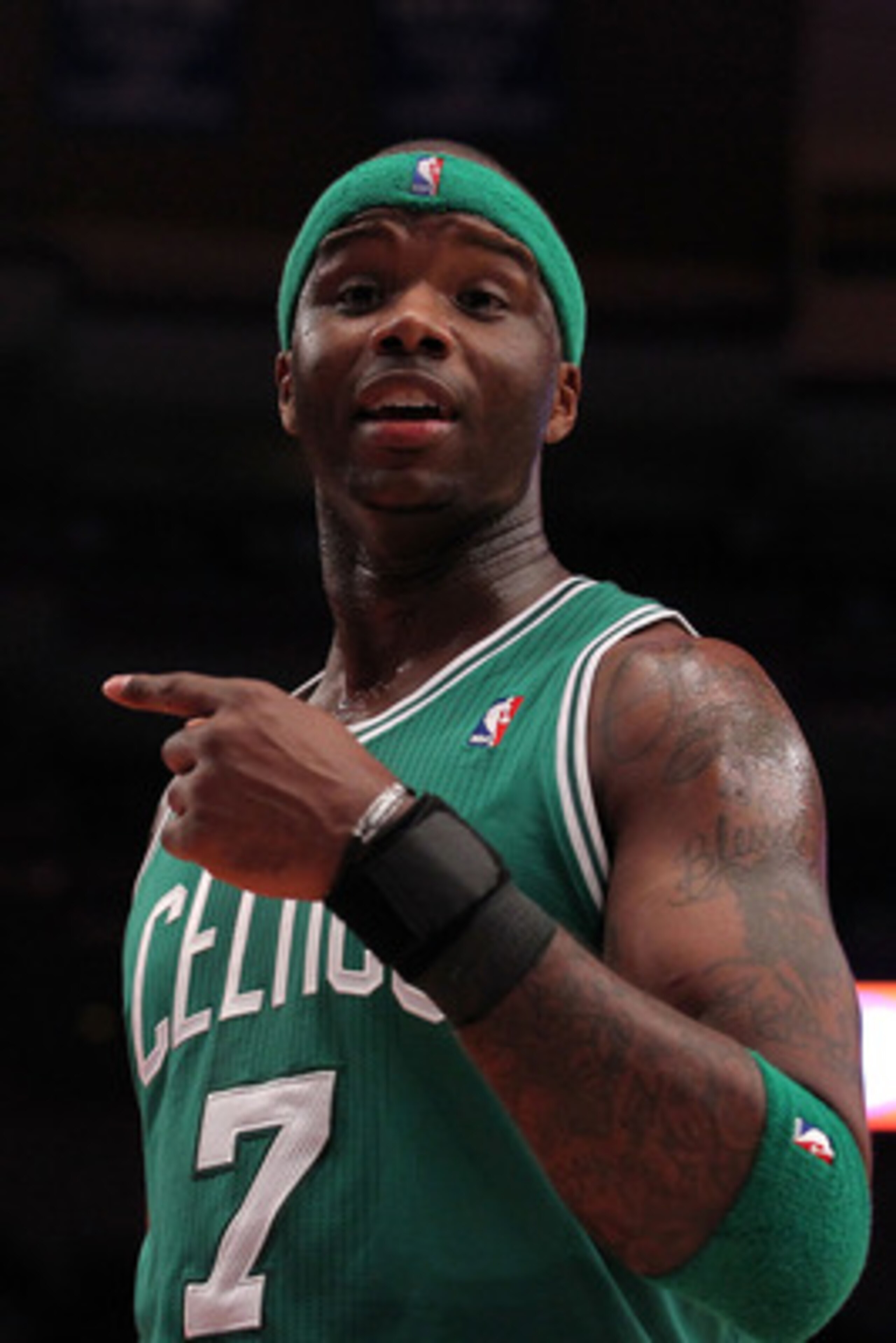 NEW YORK, NY - APRIL 22:  Jermaine O'Neal #7 of the Boston Celtics reacts against the New York Knicks in Game Three of the Eastern Conference Quarterfinals in the 2011 NBA Playoffs on April 22, 2011 at Madison Square Garden in New York City.  NOTE TO USER