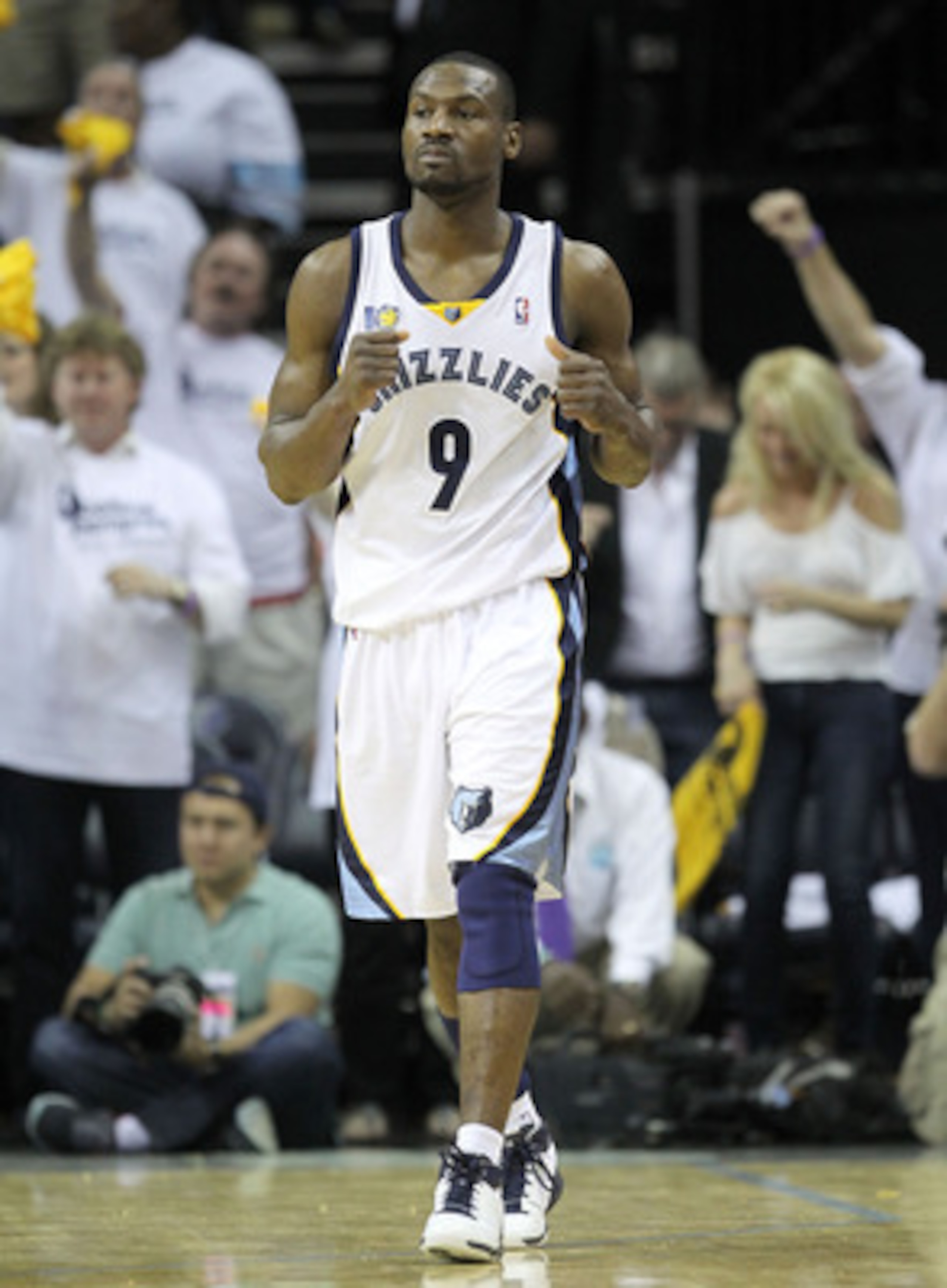 MEMPHIS, TN - MAY 07:  Tony Allen #9 of the  Memphis Grizzlies celebrates during the game against the Oklahoma City Thunder in Game Three of the Western Conference Semifinals in the 2011 NBA Playoffs at FedExForum on May 7, 2011 in Memphis, Tennessee.The
